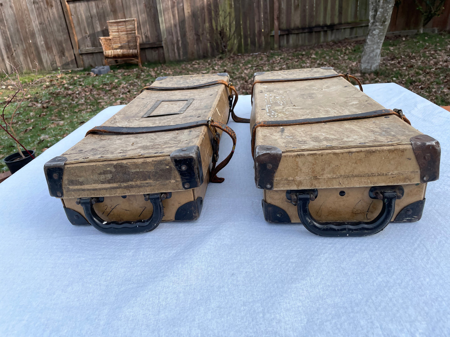 Mid 20th Century Vintage Industrial Fiberboard Leather Strapped and Metal Buckled Boxes