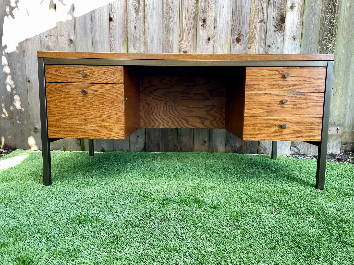 Mid 20th Century Mid-Century Modern Executive Desk in Oak and Bronze by Harry Lunstead Designs, Seattle