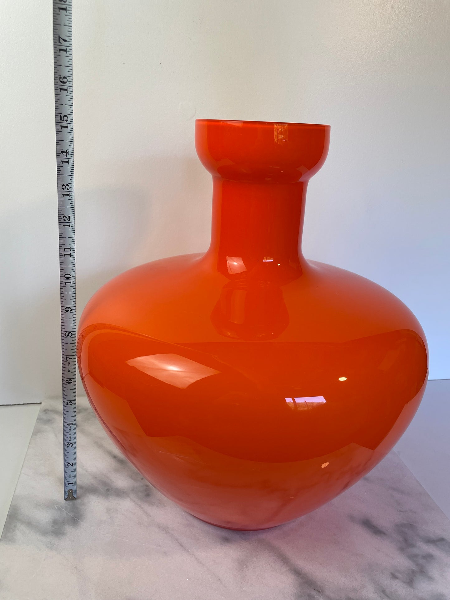 Large Scale Murano Orange Cased Glass Vase in the Manner of Carlo Moretti.