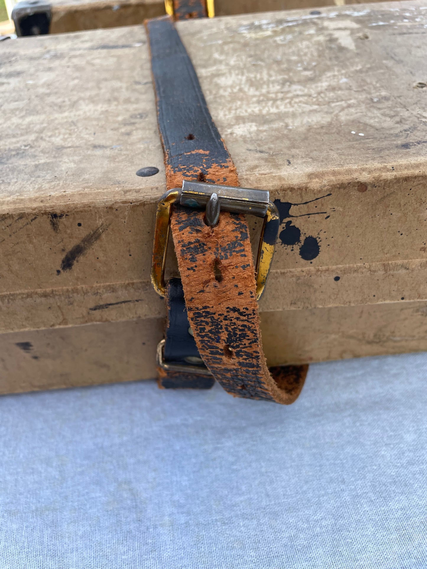 Mid 20th Century Vintage Industrial Fiberboard Leather Strapped and Metal Buckled Boxes