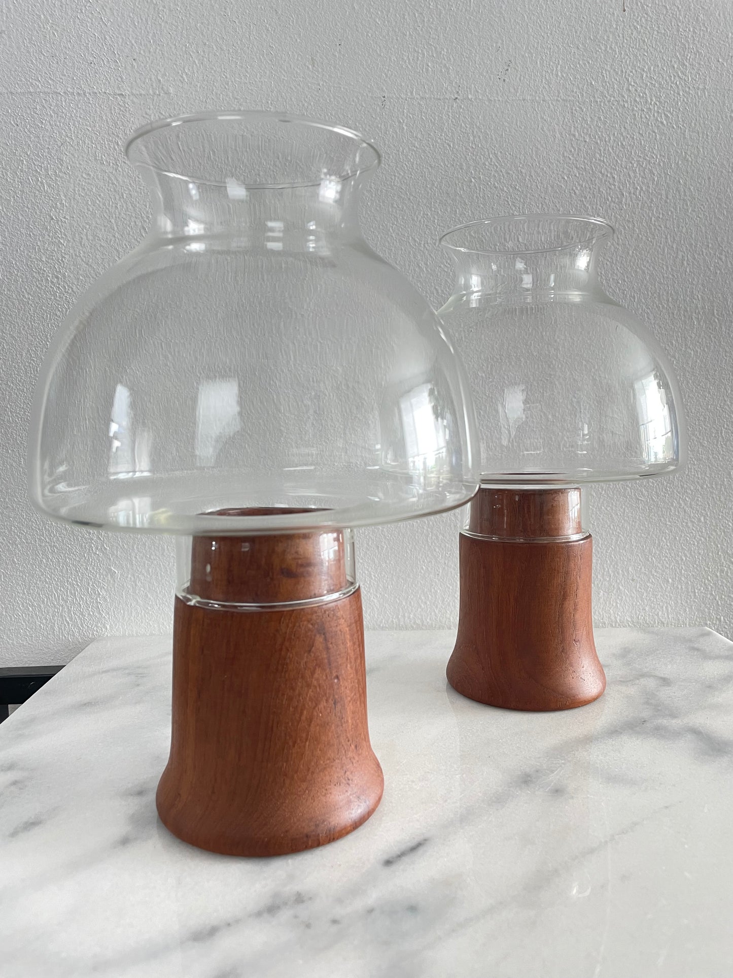Mid 20th Century Danish Modern Teak Hurricane Lamps With Glass Shade - a Pair