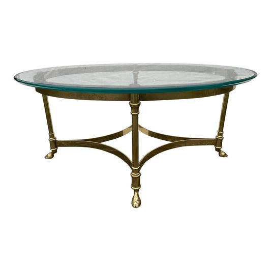1960s Labarge Hollywood Regency Italy Brass Glass Hoof Feet Coffee Table