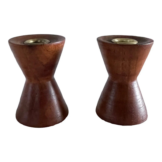 1960s Mid Century Danish Modern Teak Candle Holders Dual Size - a Pair