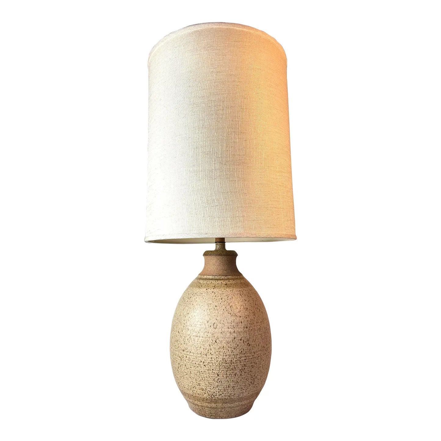 1977 Signed Handmade Ceramic & Wood Table Lamp — Unglazed + Speckled Glaze, Vintage Studio Craft