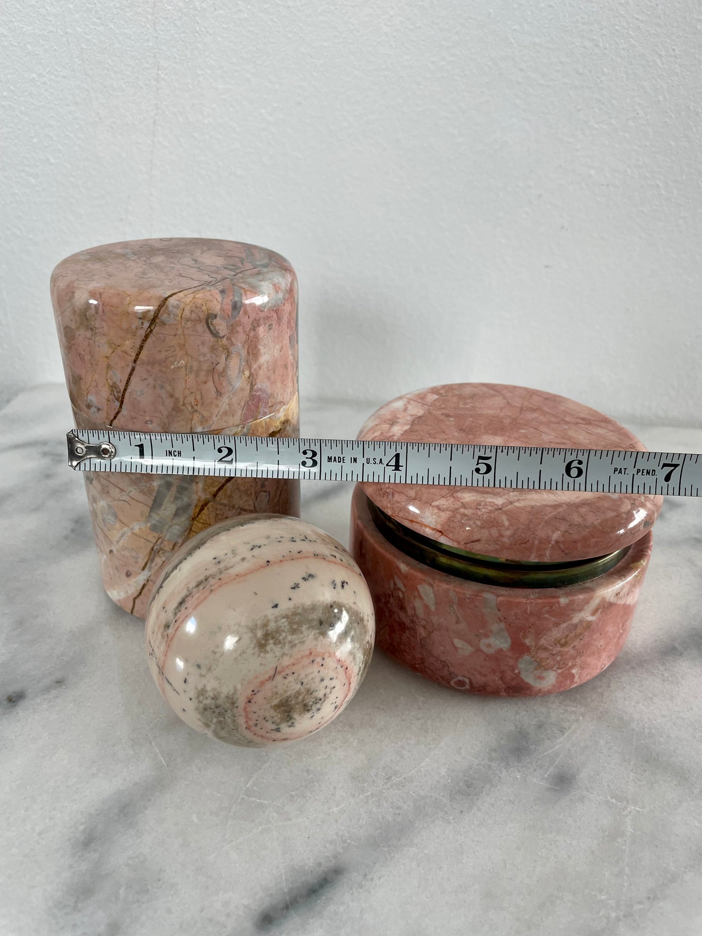 Mid 20th Century Vintage Pink Marble Jewelry Box Cylinder and Sphere Decor - Set of 3