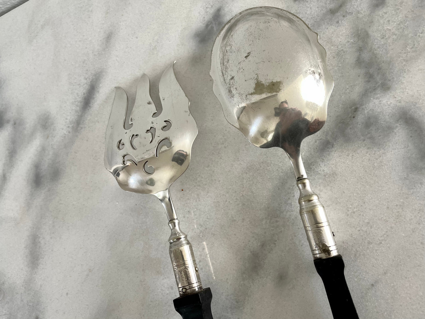 Early 1900 Ebony Sculpted Sterling Silver Plated Serving Set by Manning Bowman & Co.- Set of 2
