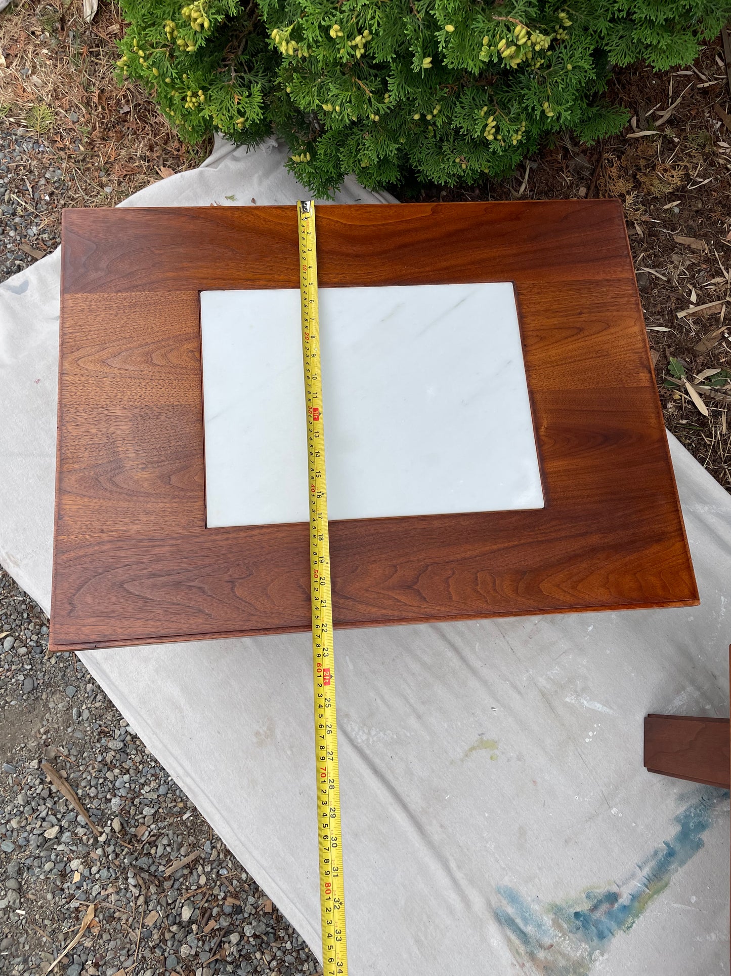 Mid-Century Studio Solid Walnut & Marble Side Tables Pair