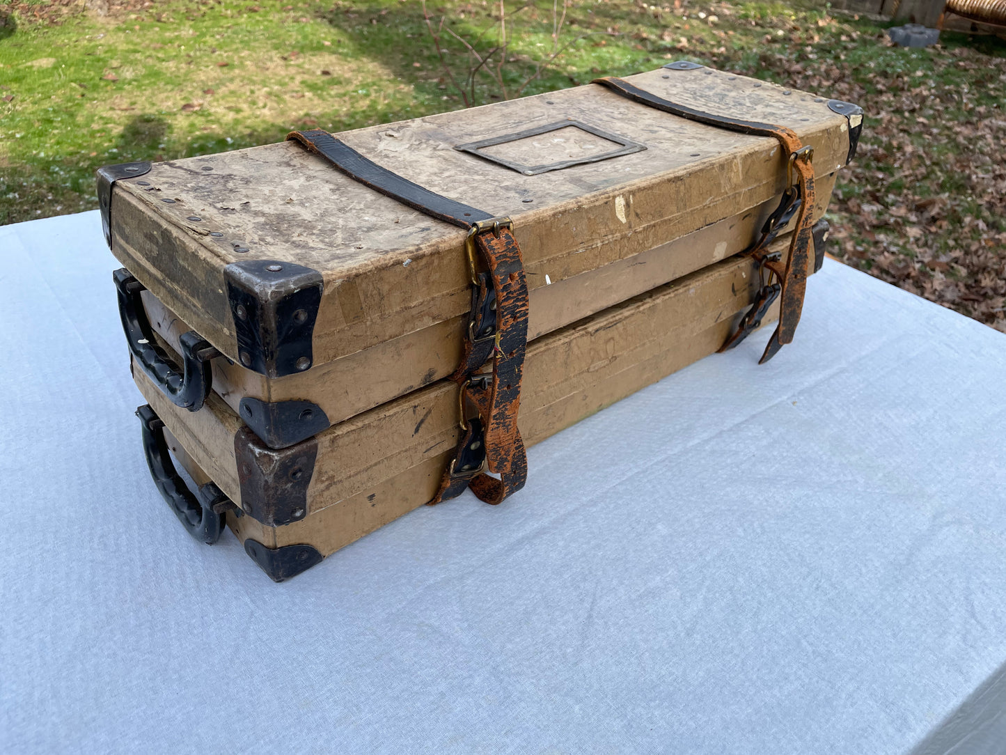 Mid 20th Century Vintage Industrial Fiberboard Leather Strapped and Metal Buckled Boxes
