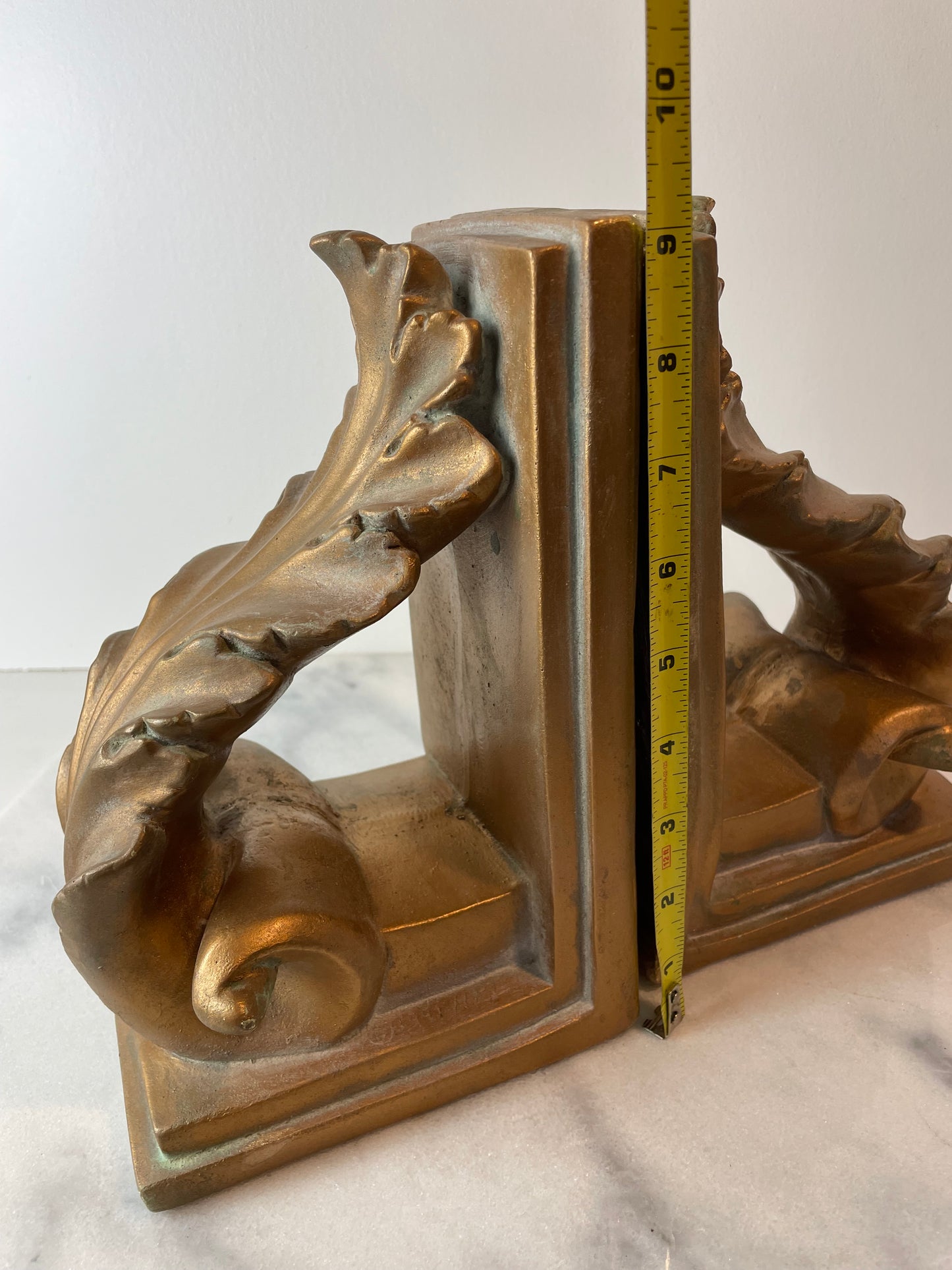 1991 Brushed Gold Plaster Acanthus Leaf Scroll Cornice Wall Sconces or Bookends