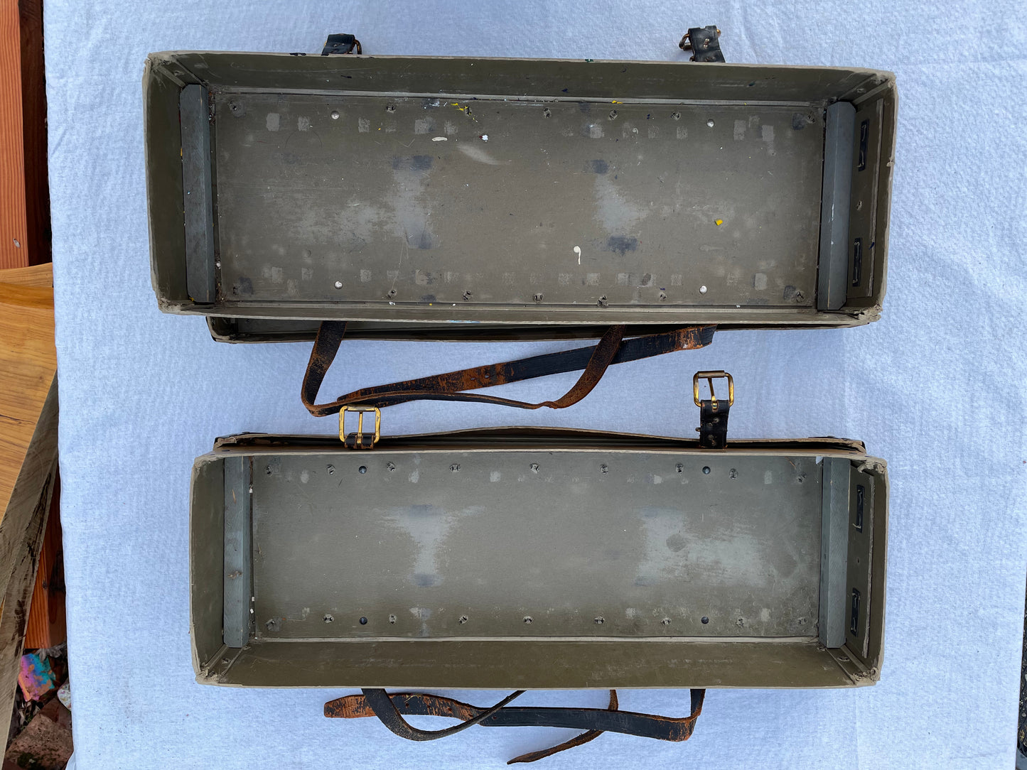 Mid 20th Century Vintage Industrial Fiberboard Leather Strapped and Metal Buckled Boxes