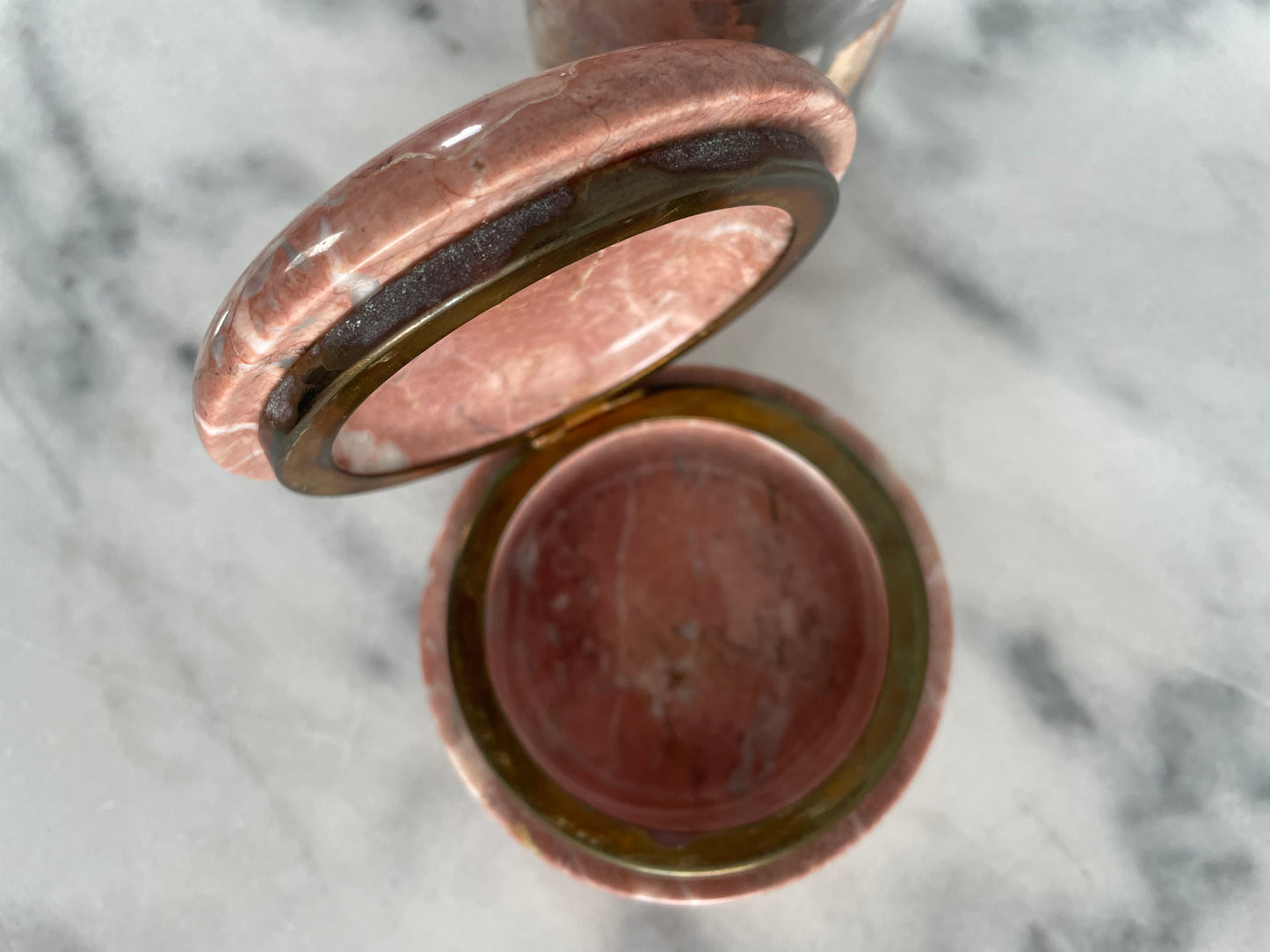 Mid 20th Century Vintage Pink Marble Jewelry Box Cylinder and Sphere Decor - Set of 3