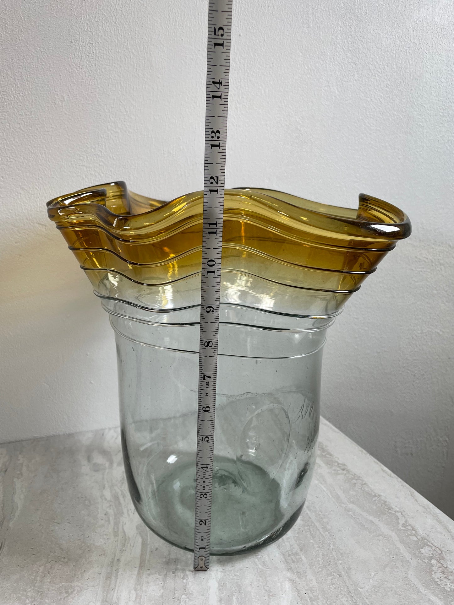 Large Vintage Hand-Made Amber Ombré Mouth Blown Art Glass Vase