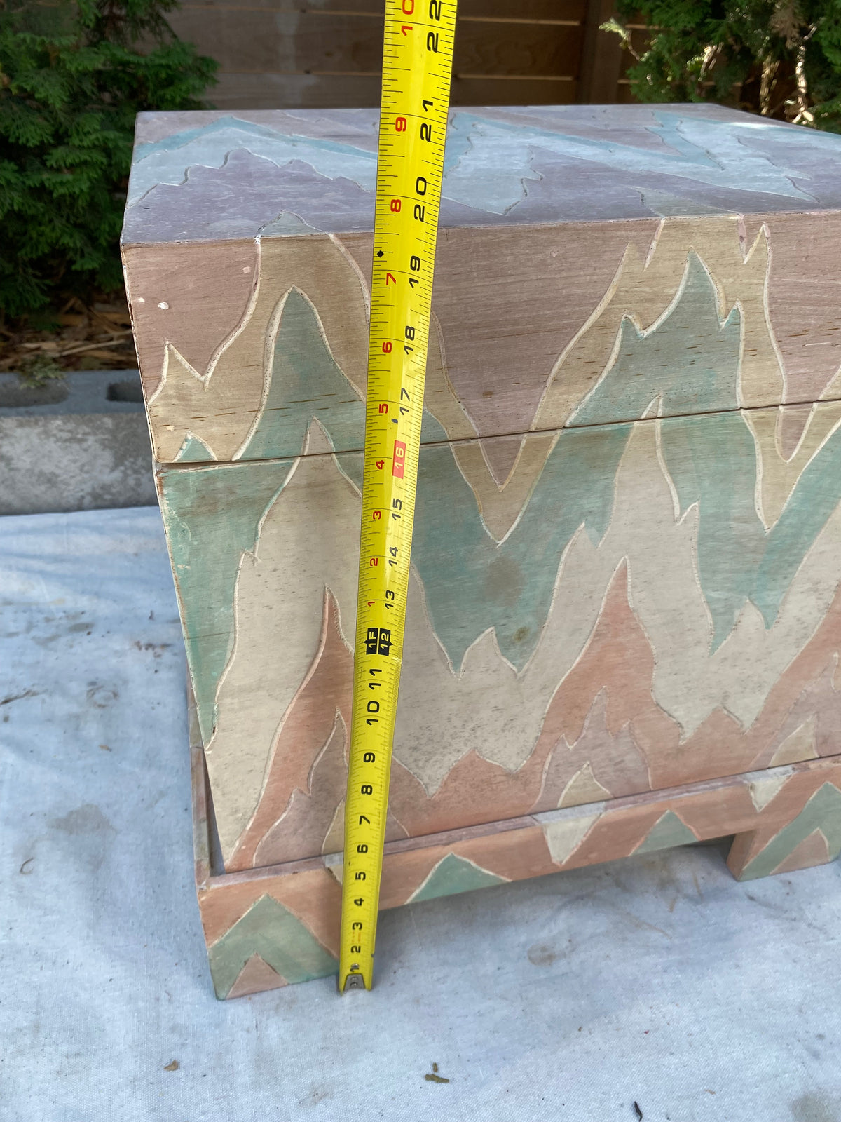 Vintage Hand-Painted Flame Chevron Wood Box on Stand