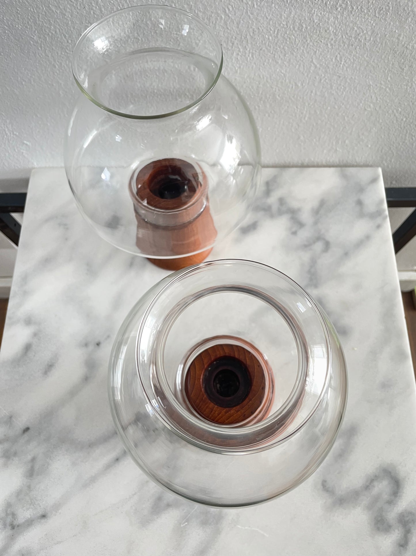 Mid 20th Century Danish Modern Teak Hurricane Lamps With Glass Shade - a Pair