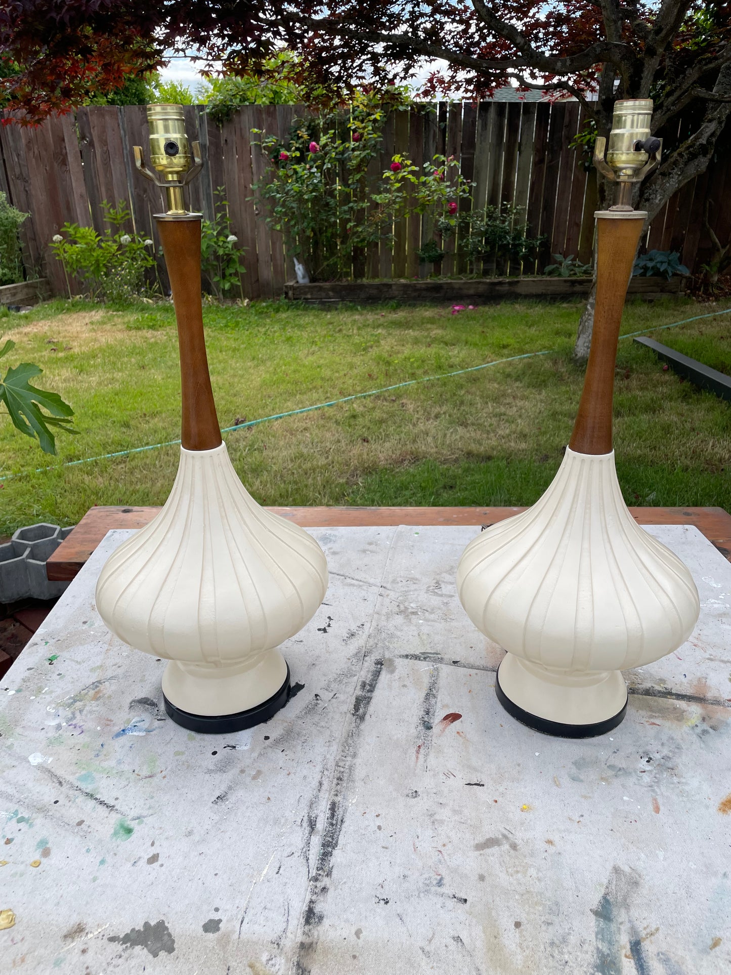 Mid-Century Modern Elongated Fortune Lamp Co. Teardrop Table Lamp in Walnut & Porcelain - A Pair