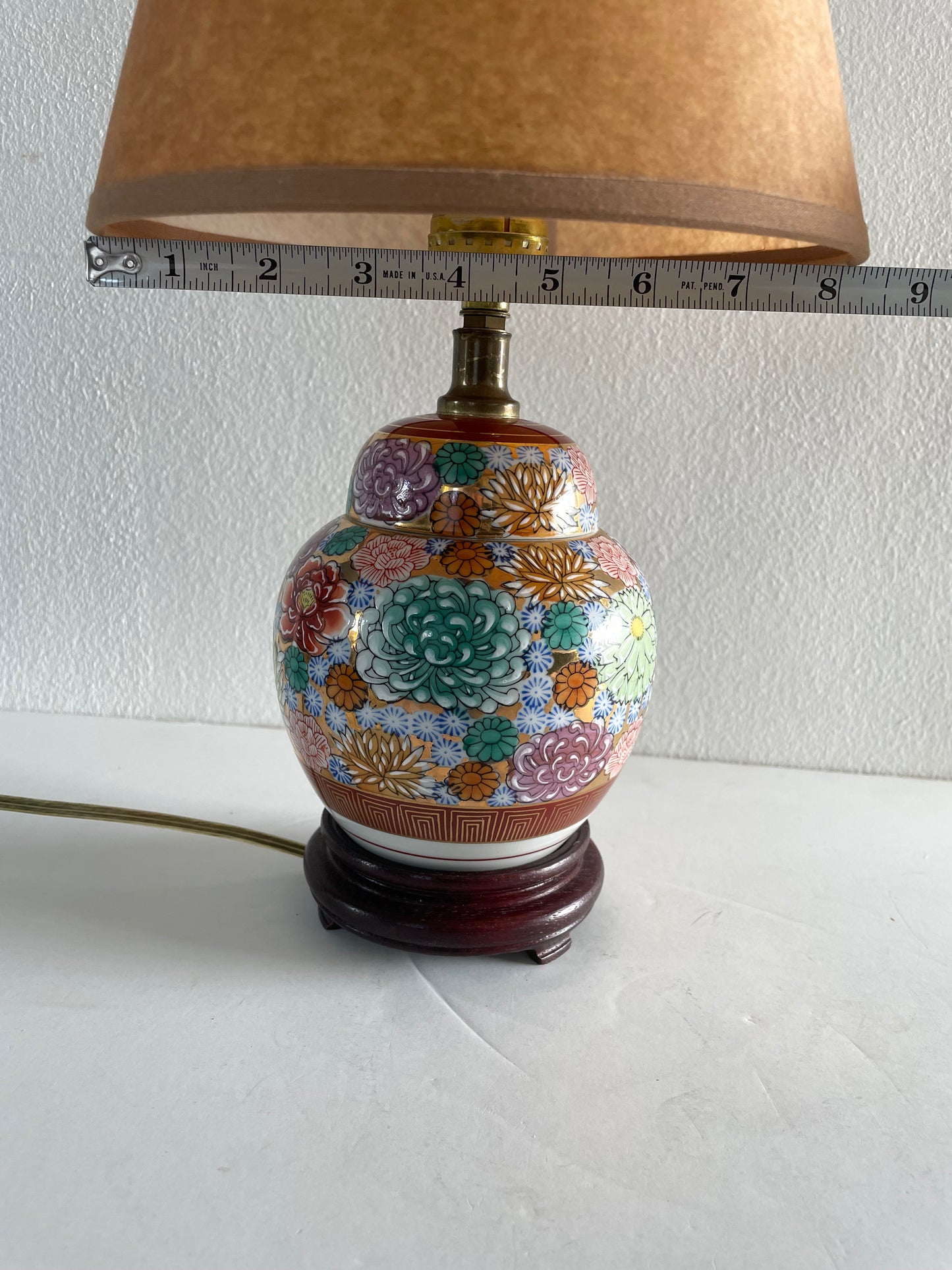 Mid-Century Chinoiserie Petite Floral Ceramic Ginger Jar Table Lamp With Shade