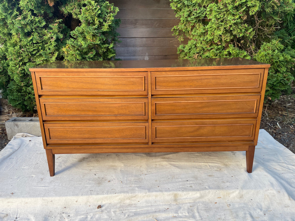 Vintage Dixie Furniture Co. Walnut 6-Drawer Lowboy Dresser, Mid-Century Modern