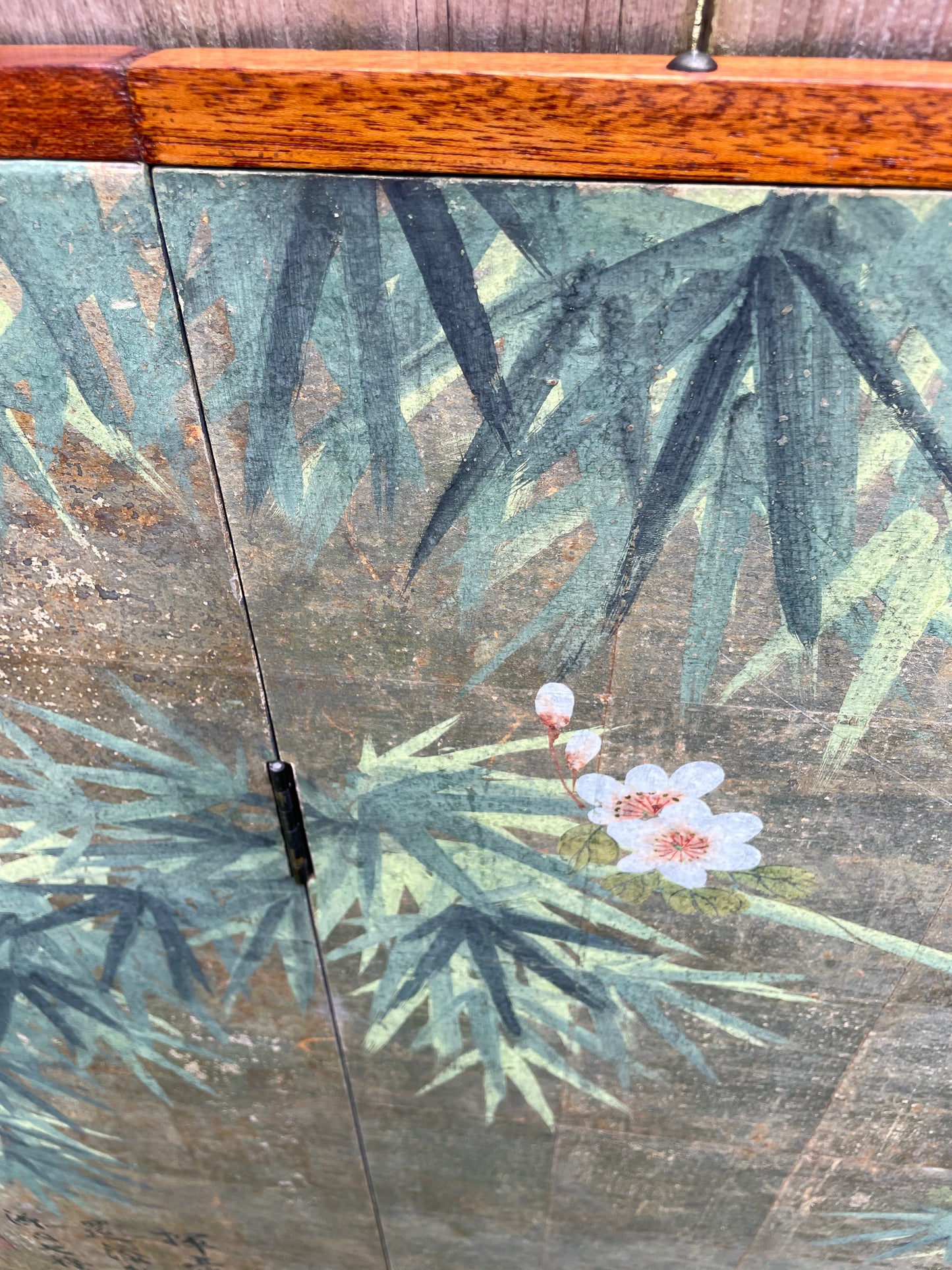 Mid 20th Century Chinese Inspired "Bamboo Scene With Poem" Hand-Painted Gold Foil 2-Panel Screen