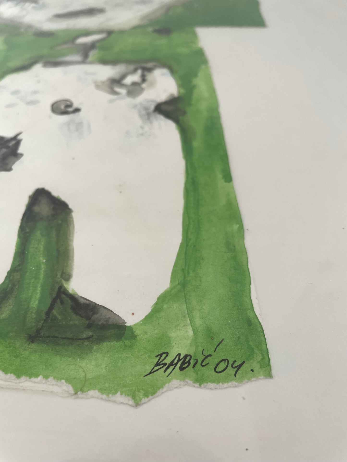 Abstract Green Cat Painting Collage on Paper by Nenad Babic From Florence, Italy