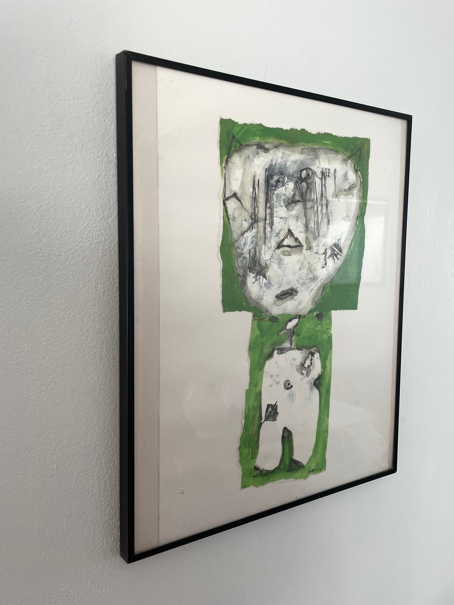 Abstract Green Cat Painting Collage on Paper by Nenad Babic From Florence, Italy