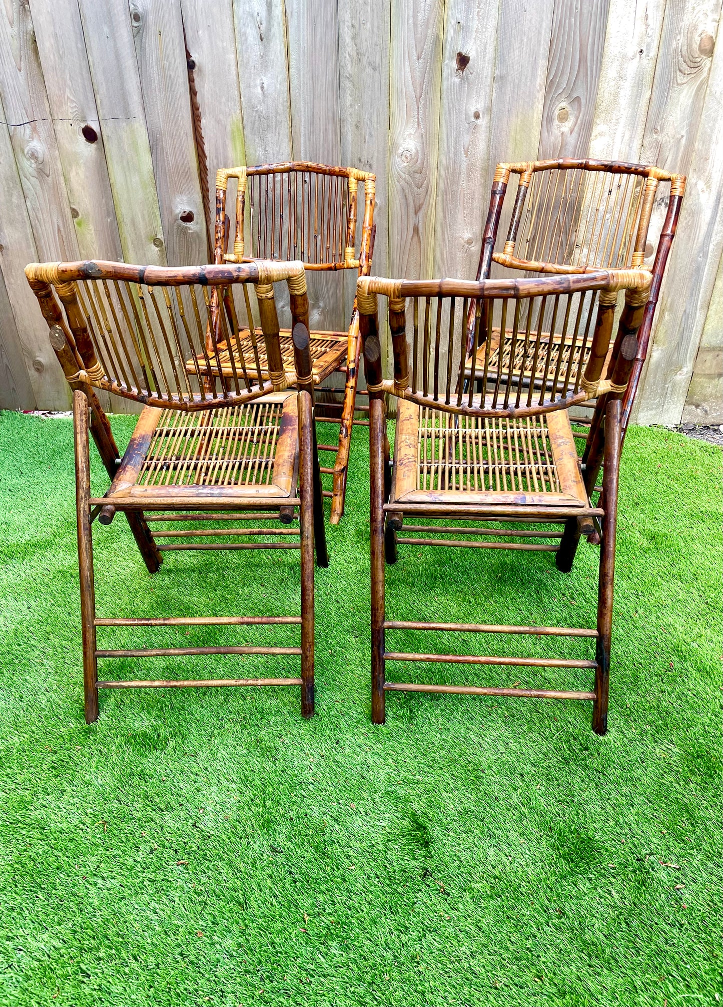 Mid 20th Century Vintage Tortoiseshell Bamboo Folding Chairs - Set of 4