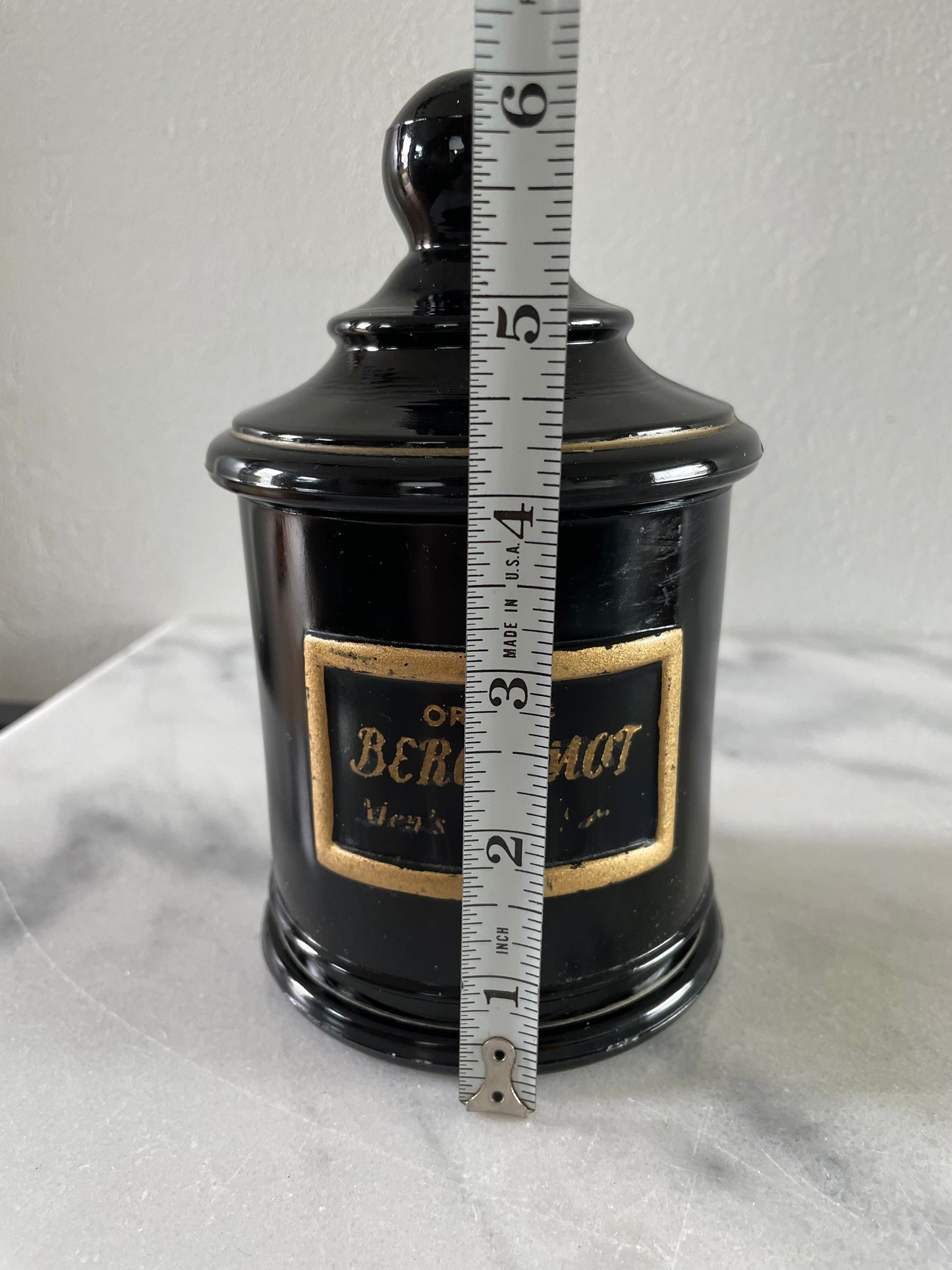 Vintage Black Glass Apothecary Jar Jean Vivaudou Co. Orloff Bergamot Men's Bath Talc