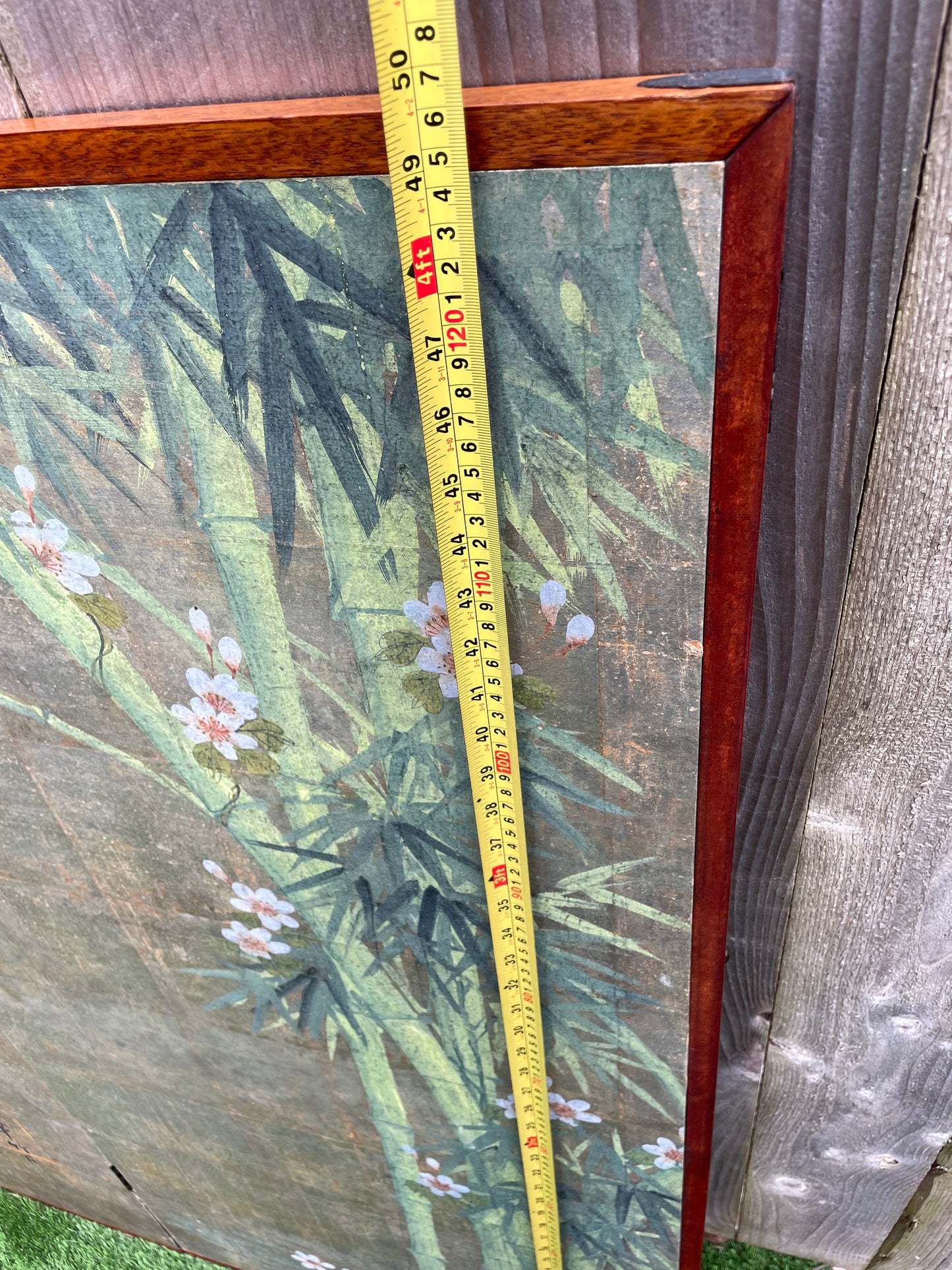 Mid 20th Century Chinese Inspired "Bamboo Scene With Poem" Hand-Painted Gold Foil 2-Panel Screen