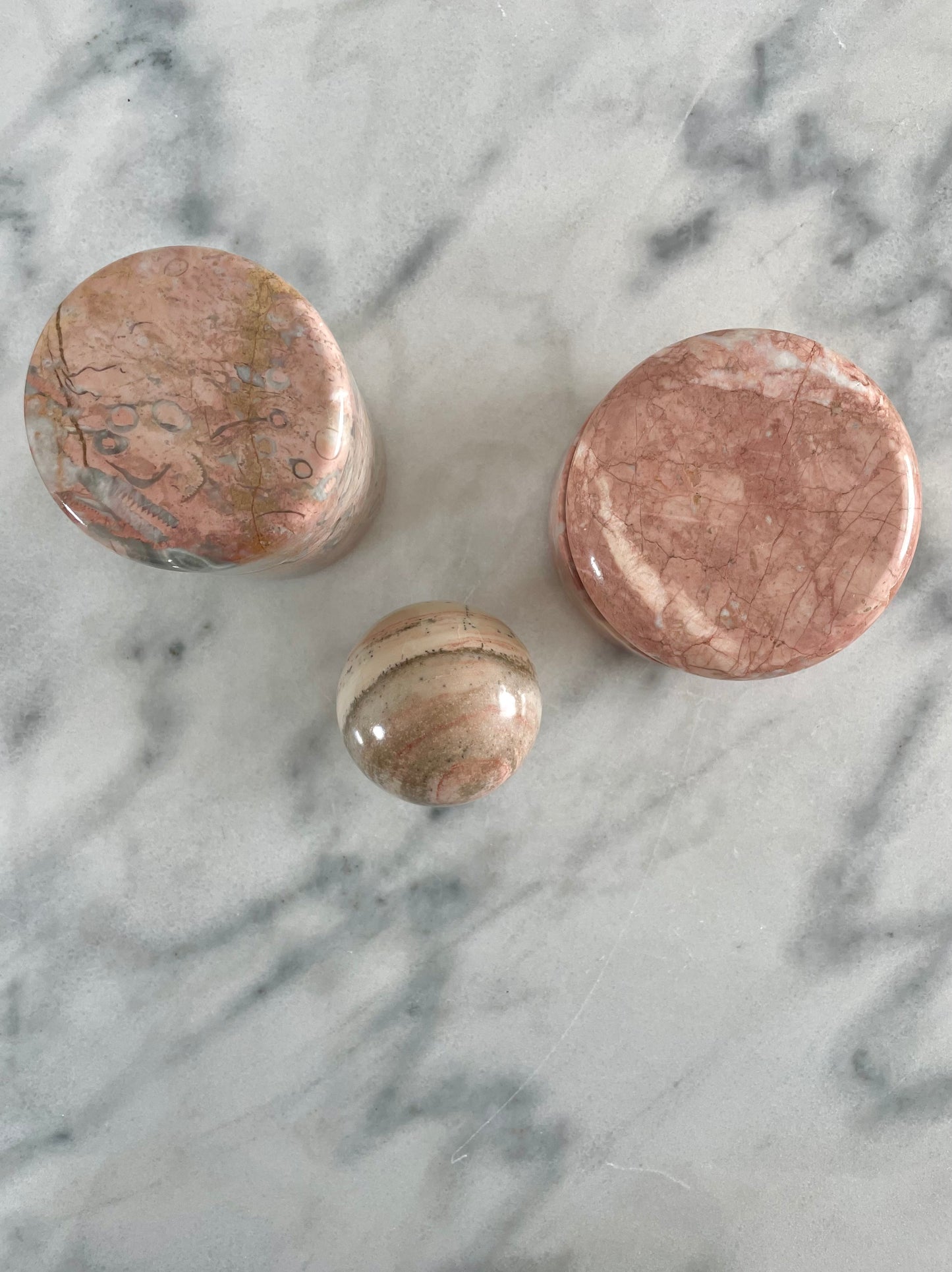 Mid 20th Century Vintage Pink Marble Jewelry Box Cylinder and Sphere Decor - Set of 3