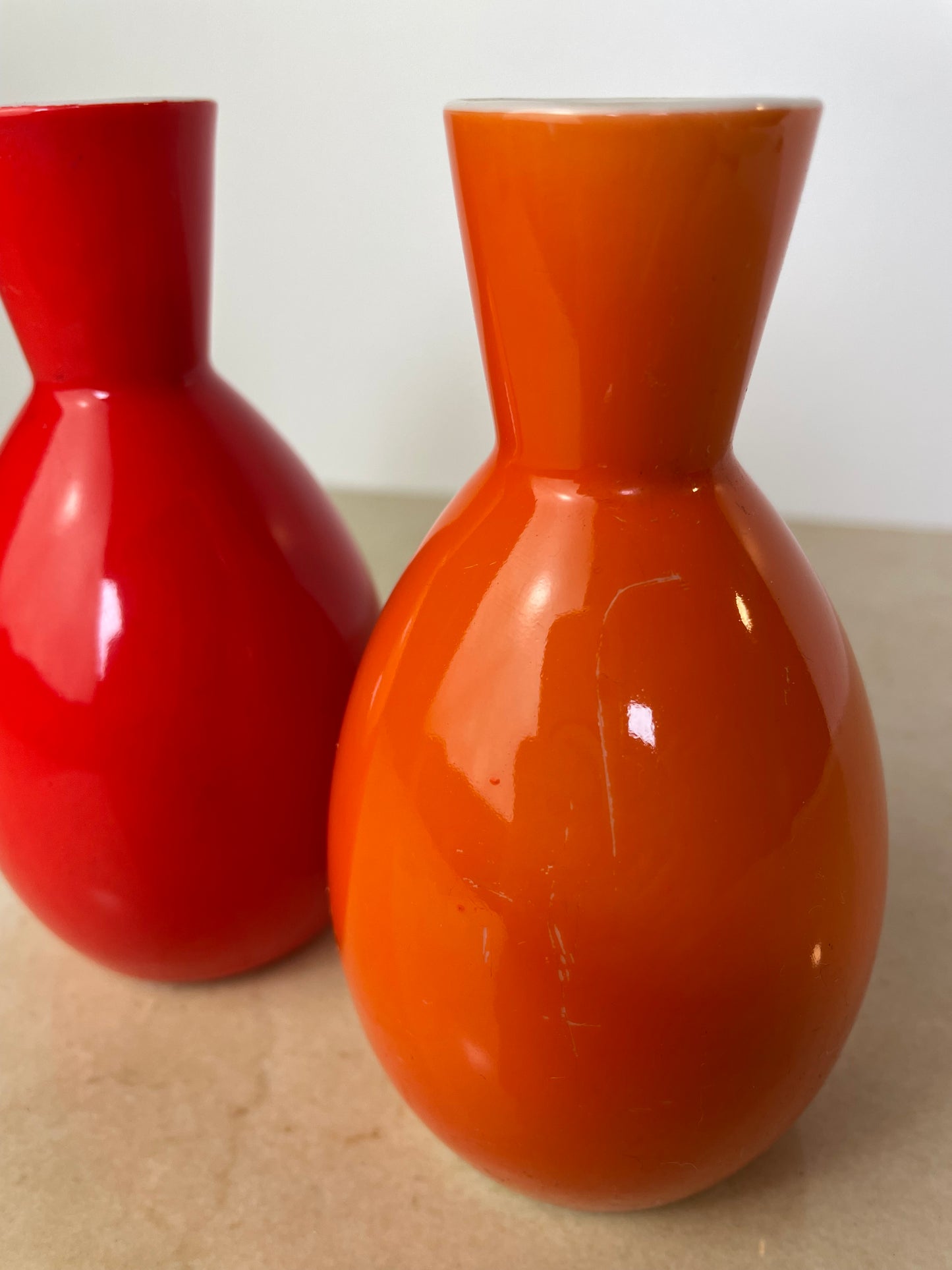 Pair Vintage Omc Japan Ceramic Sake Bottles, Red & Orange