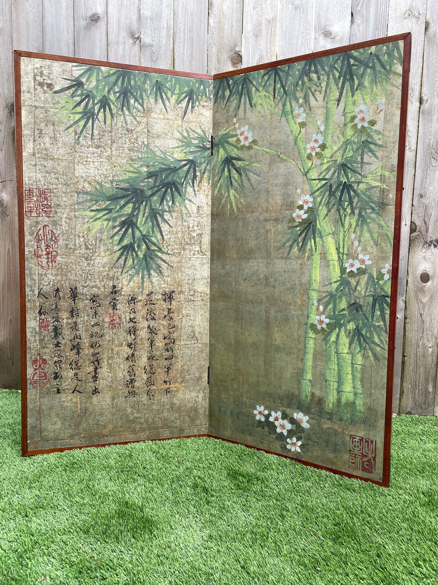 Mid 20th Century Chinese Inspired "Bamboo Scene With Poem" Hand-Painted Gold Foil 2-Panel Screen
