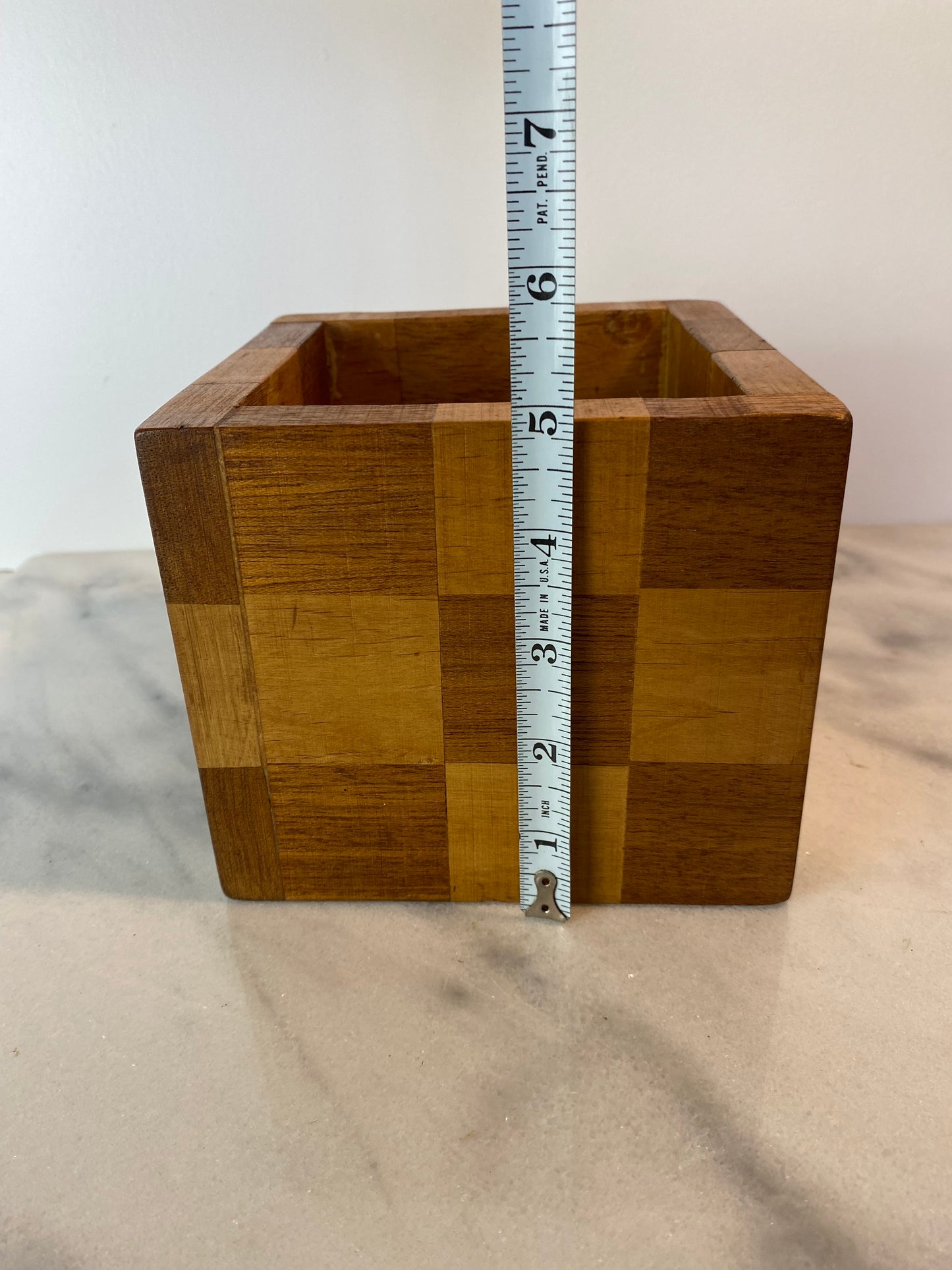 20th C. Mid-Century Modern Handcrafted Checkerboard Inlay Mixed Wood Cube Pen Holder or Planter