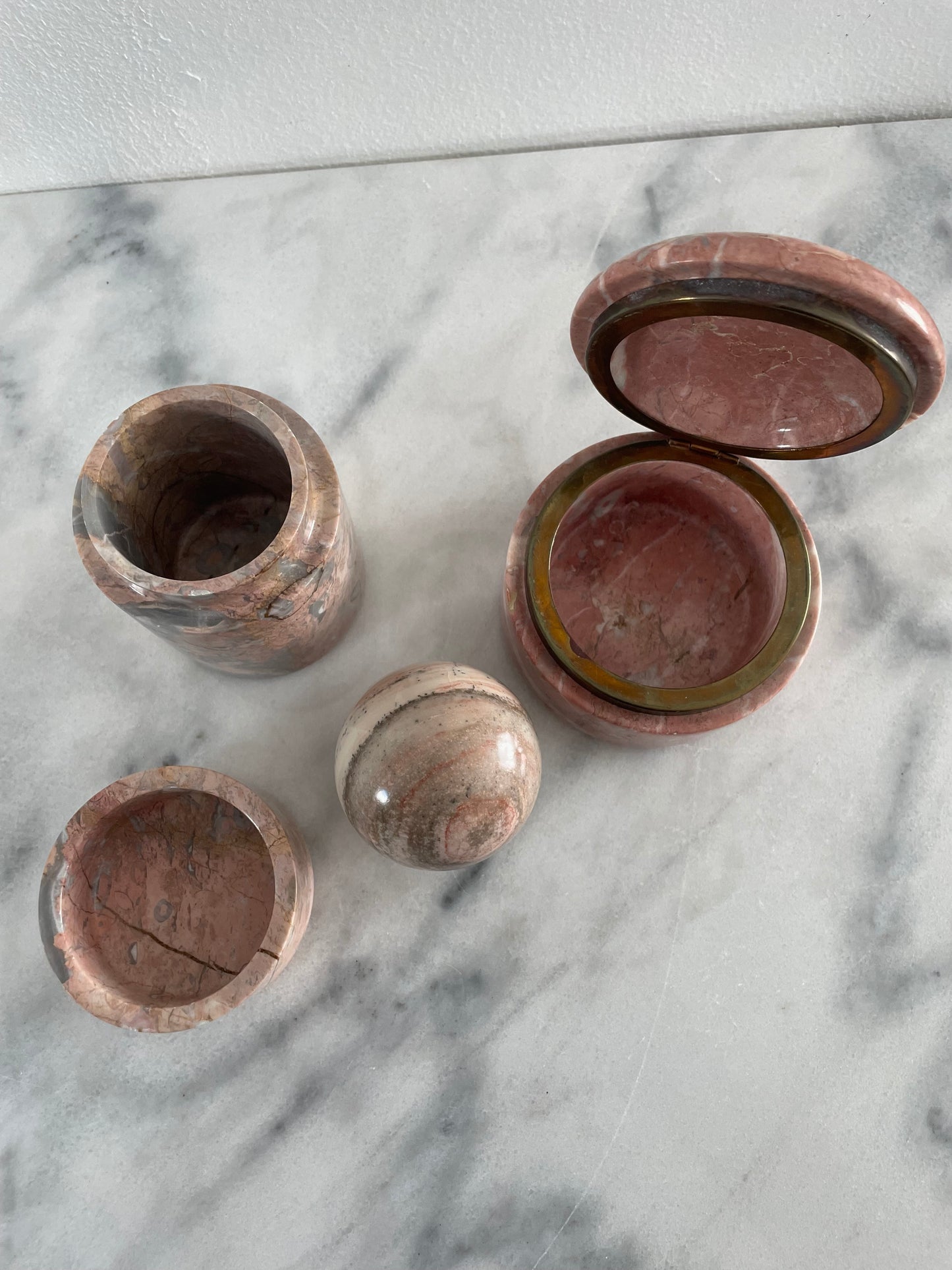 Mid 20th Century Vintage Pink Marble Jewelry Box Cylinder and Sphere Decor - Set of 3