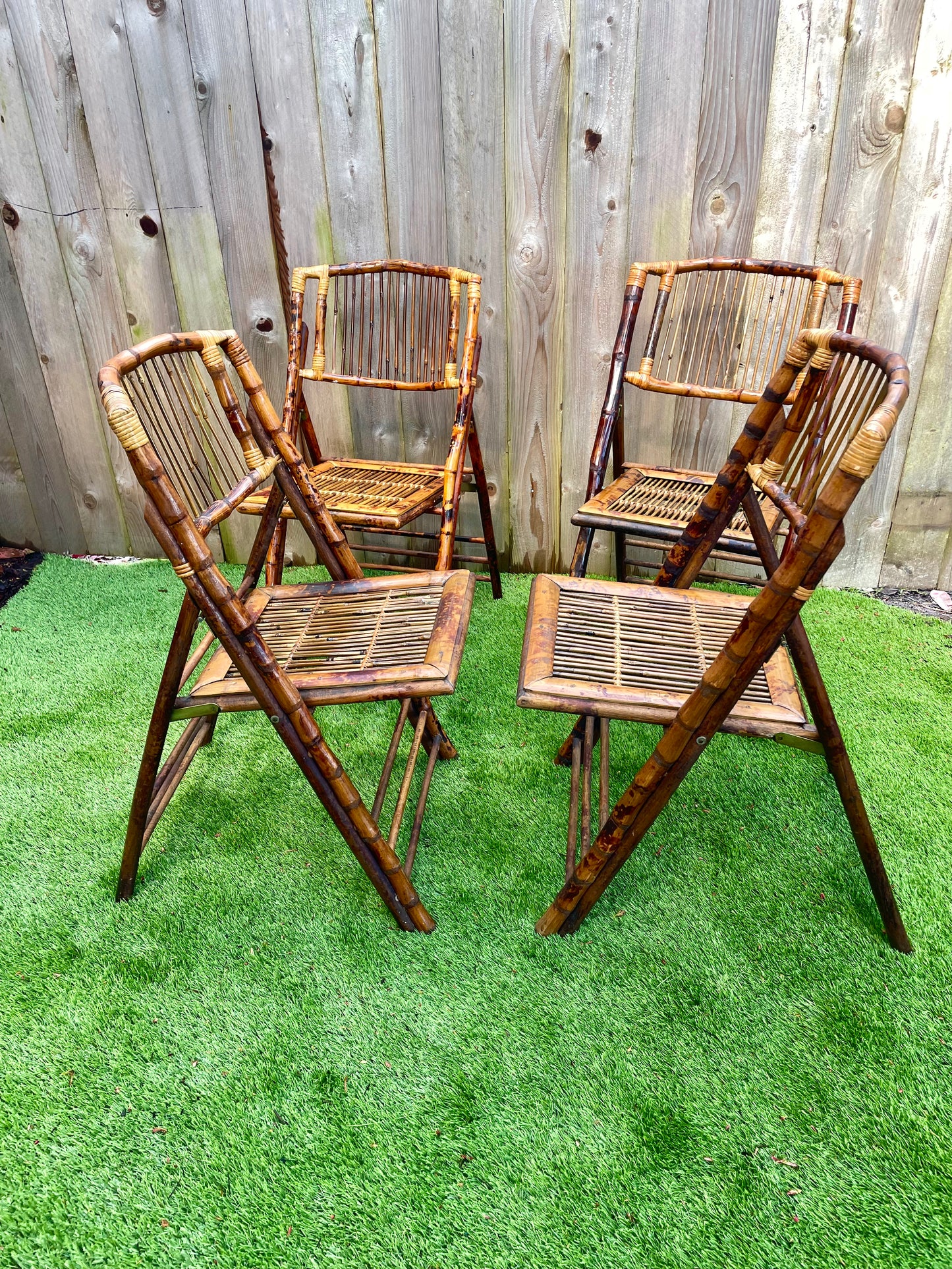 Mid 20th Century Vintage Tortoiseshell Bamboo Folding Chairs - Set of 4