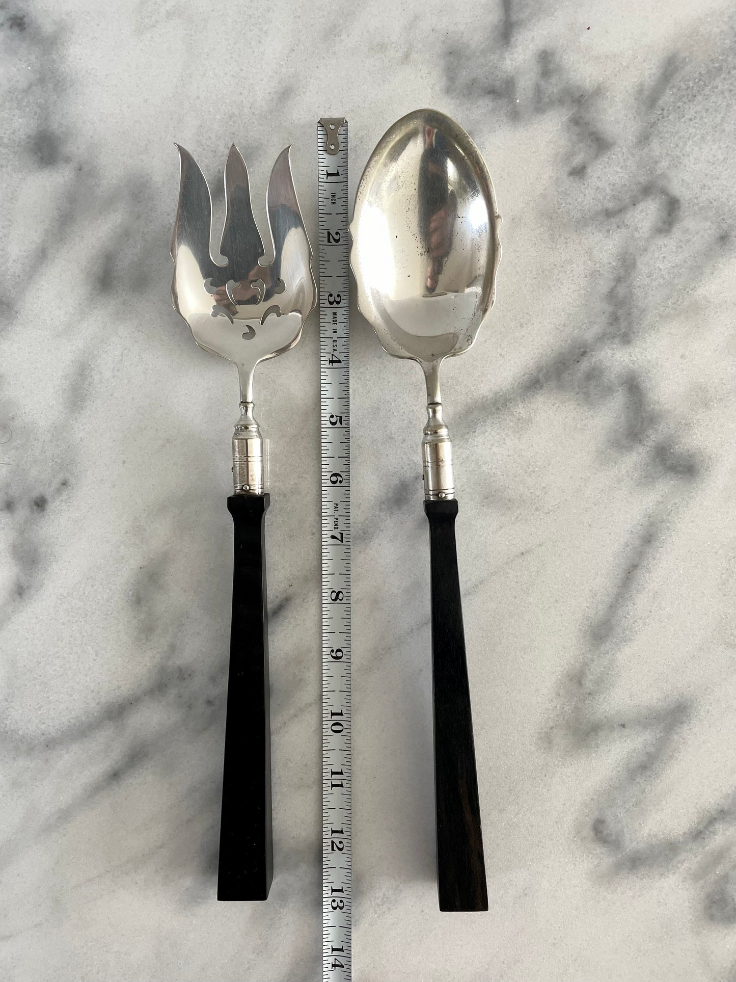 Early 1900 Ebony Sculpted Sterling Silver Plated Serving Set by Manning Bowman & Co.- Set of 2