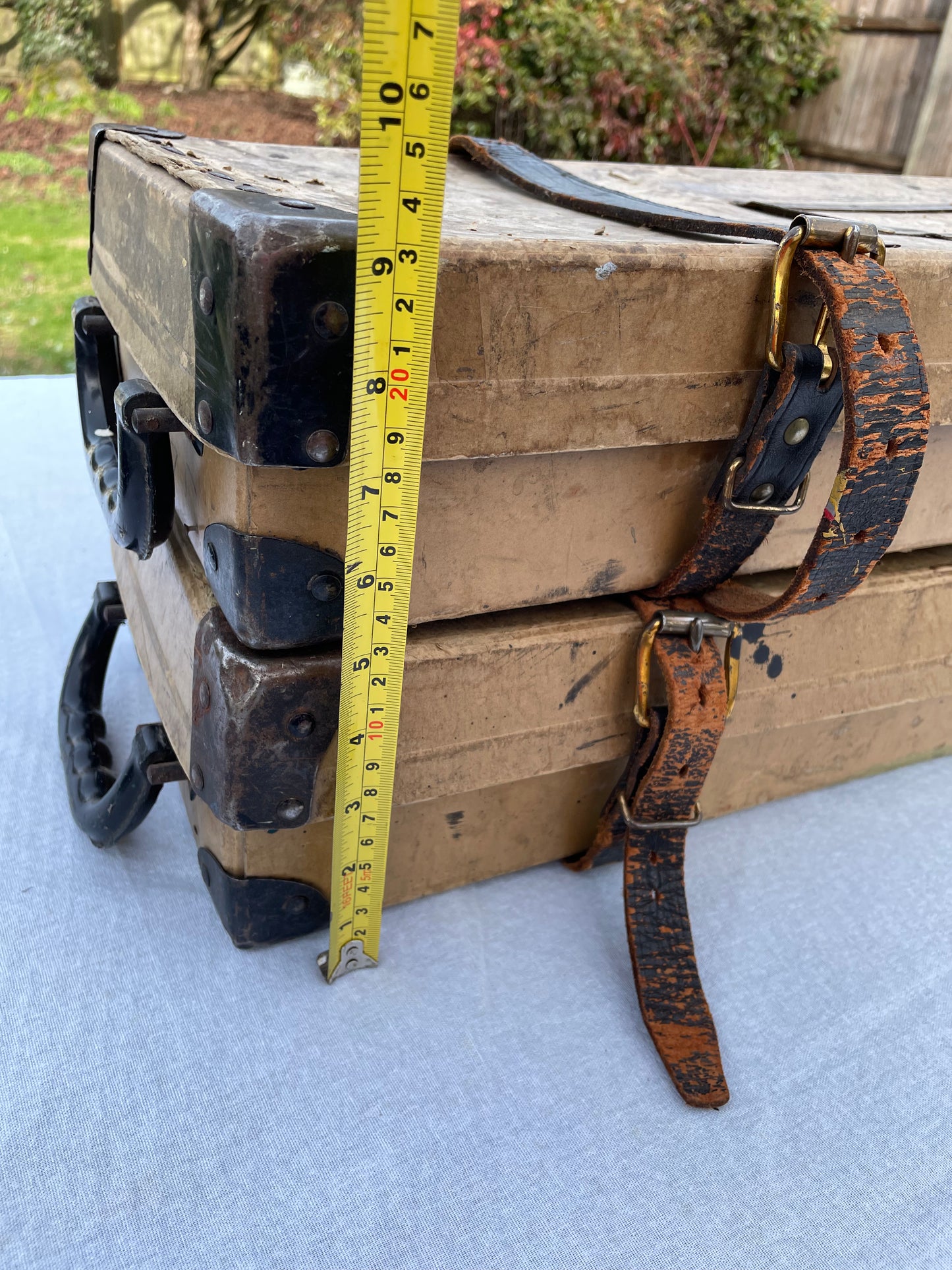 Mid 20th Century Vintage Industrial Fiberboard Leather Strapped and Metal Buckled Boxes