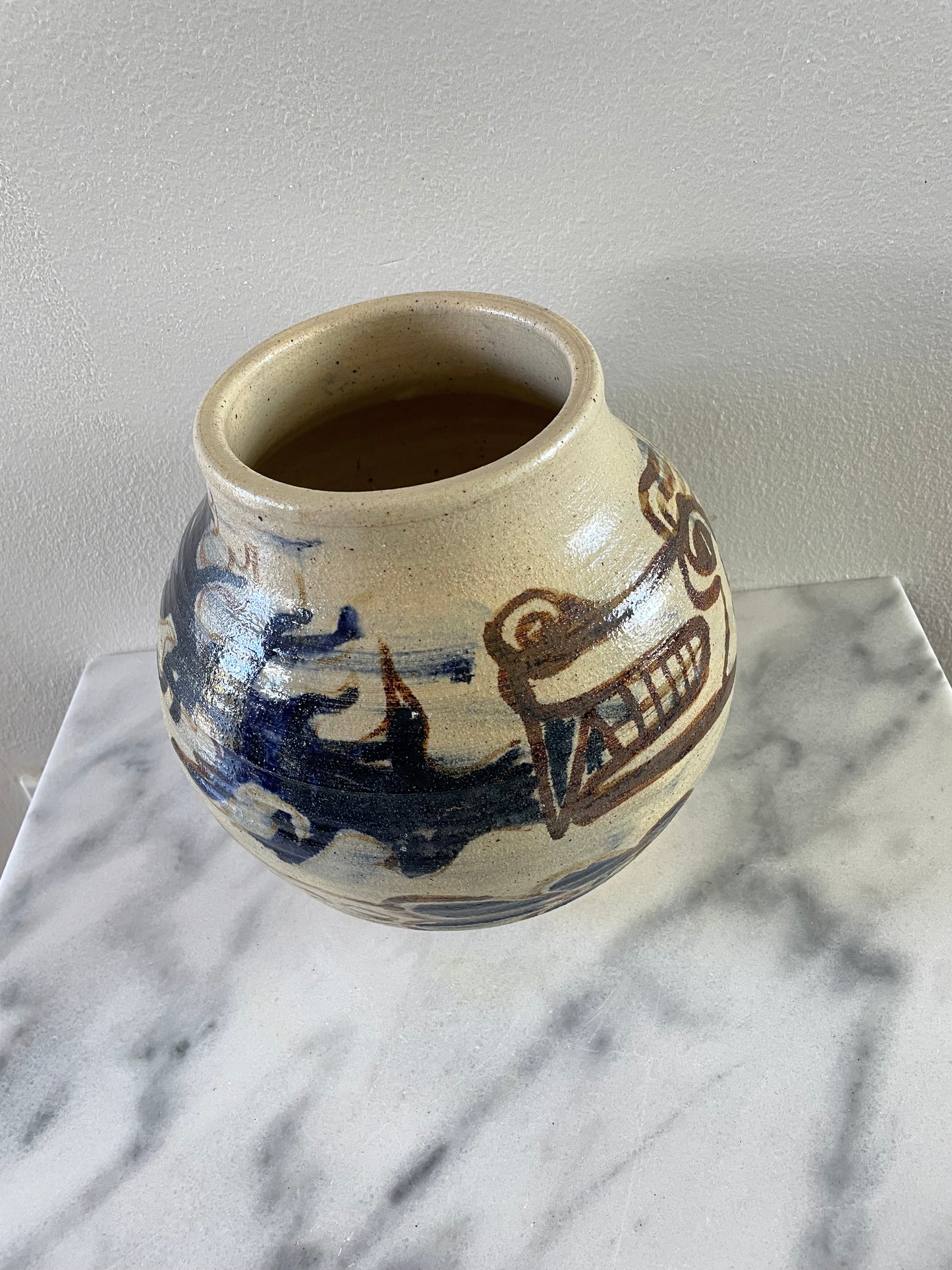 Mid 20th Century Rustic Glazed Stoneware Pot With Dragon Motif