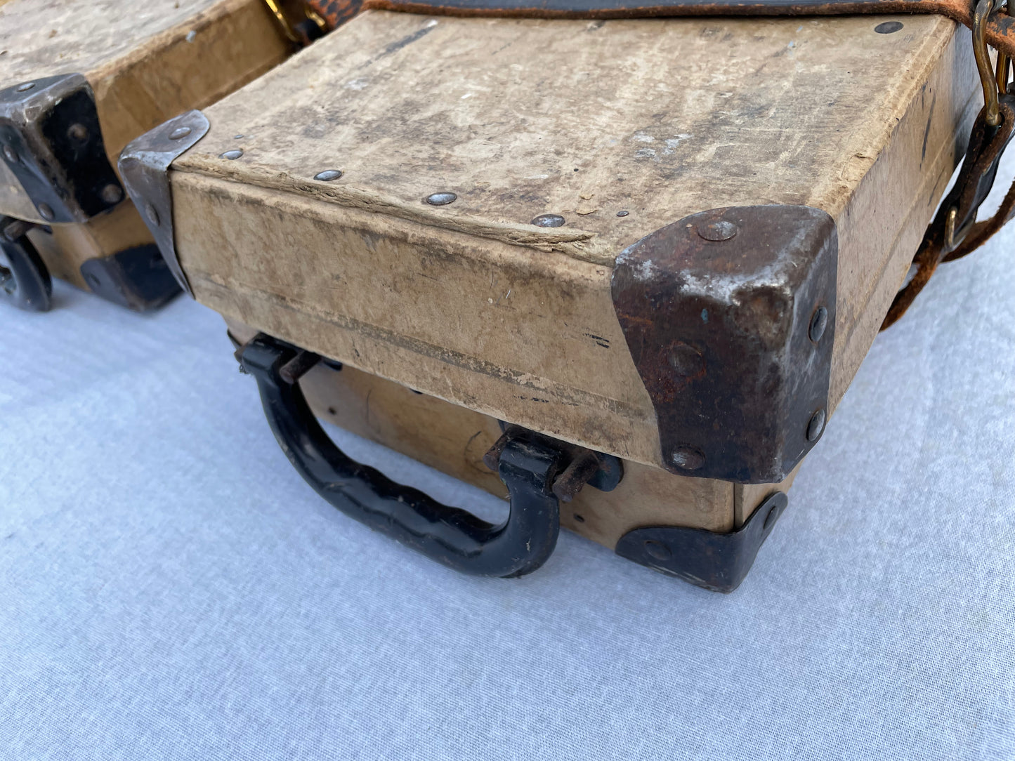 Mid 20th Century Vintage Industrial Fiberboard Leather Strapped and Metal Buckled Boxes