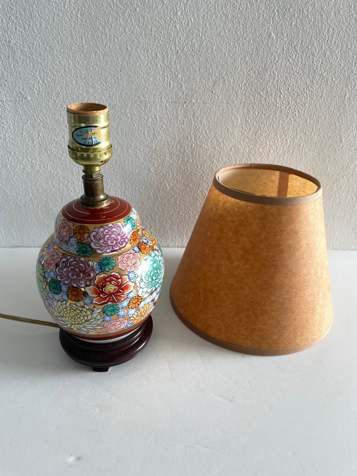 Mid-Century Chinoiserie Petite Floral Ceramic Ginger Jar Table Lamp With Shade