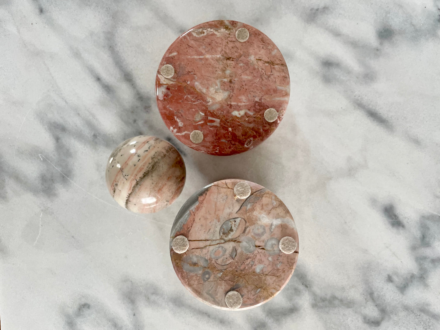 Mid 20th Century Vintage Pink Marble Jewelry Box Cylinder and Sphere Decor - Set of 3
