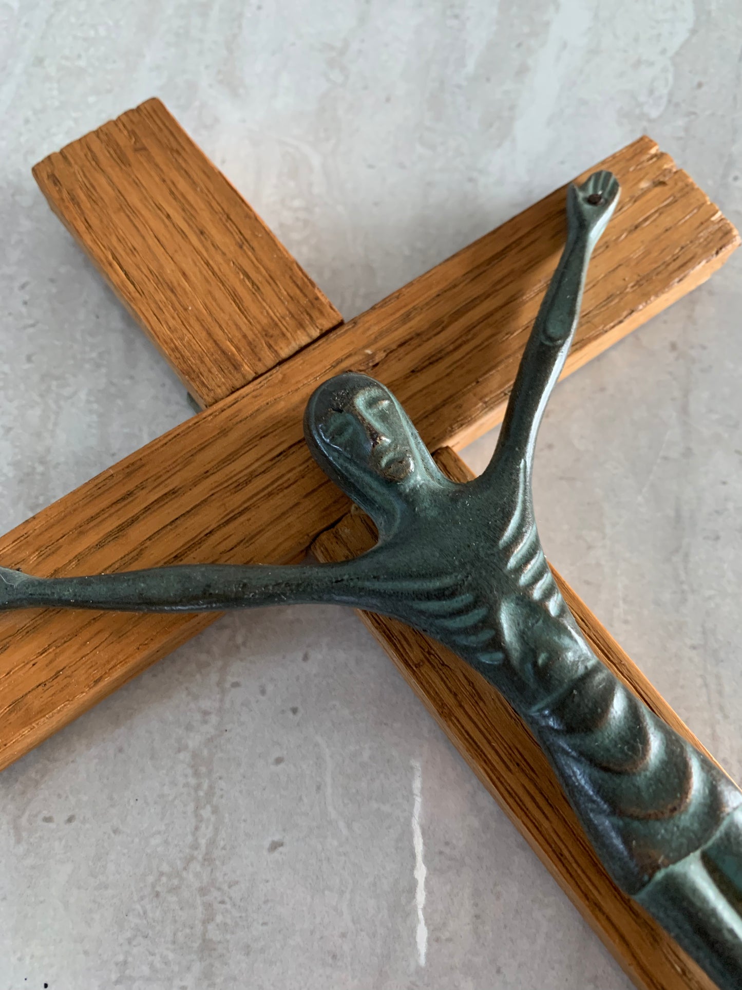 Vintage Modernist French Style Bronze & Wood Crucifix