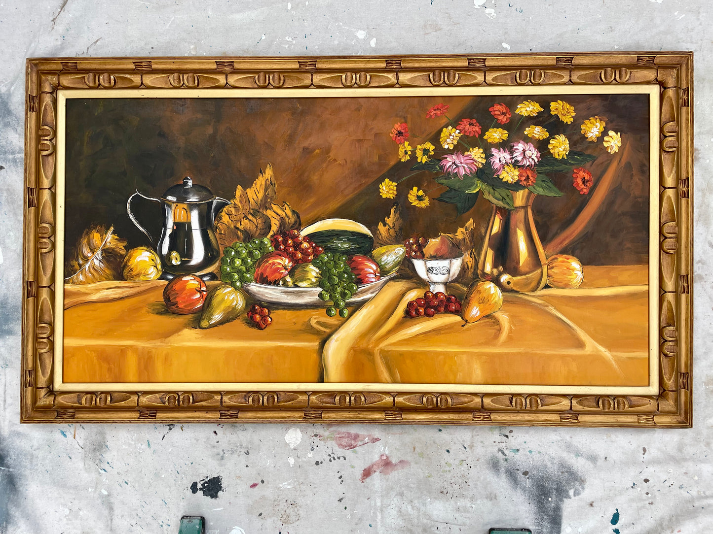 Vintage Large Framed Scale Tablescape Still Life Oil on Canvas