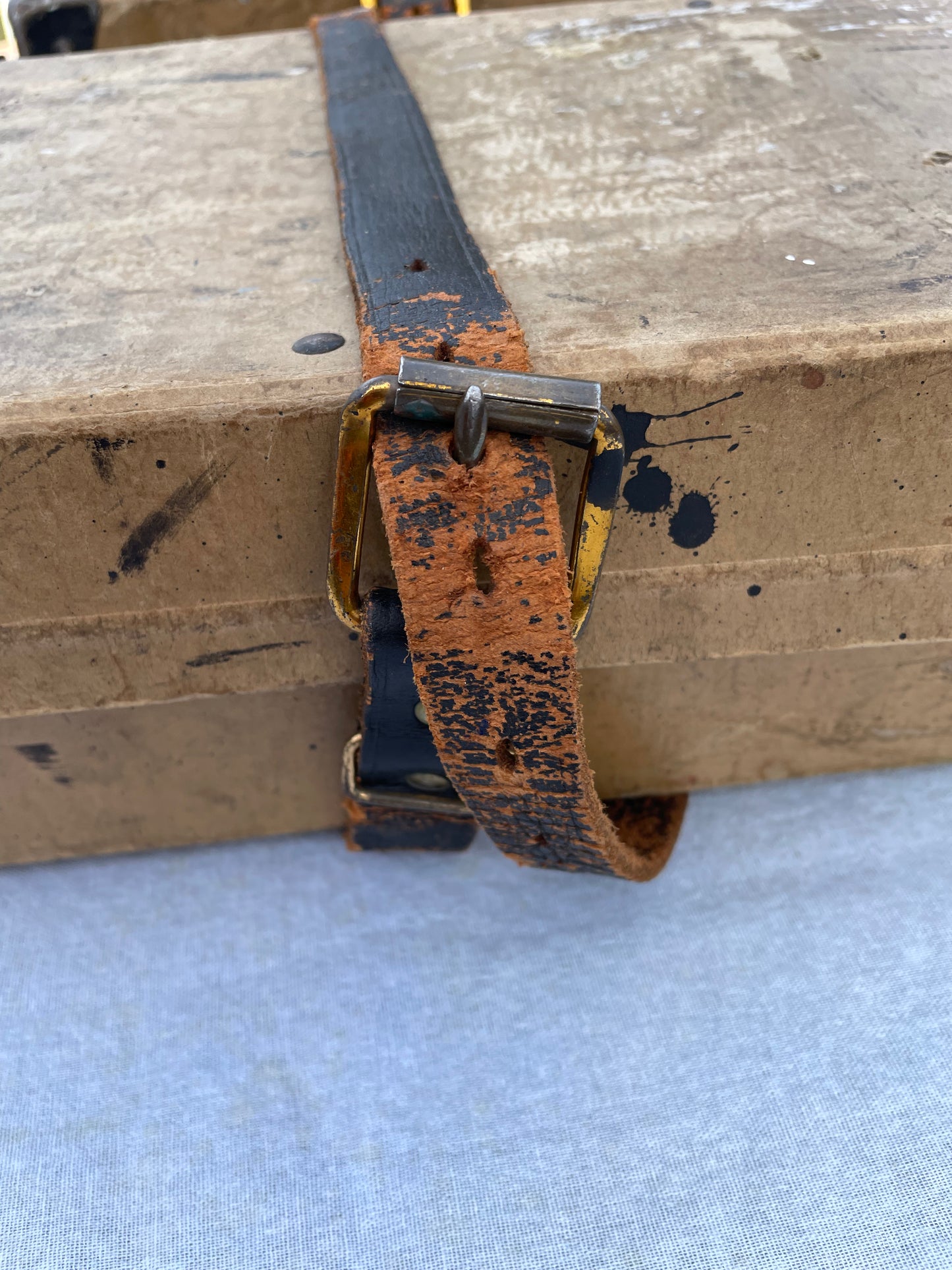 Mid 20th Century Vintage Industrial Fiberboard Leather Strapped and Metal Buckled Boxes