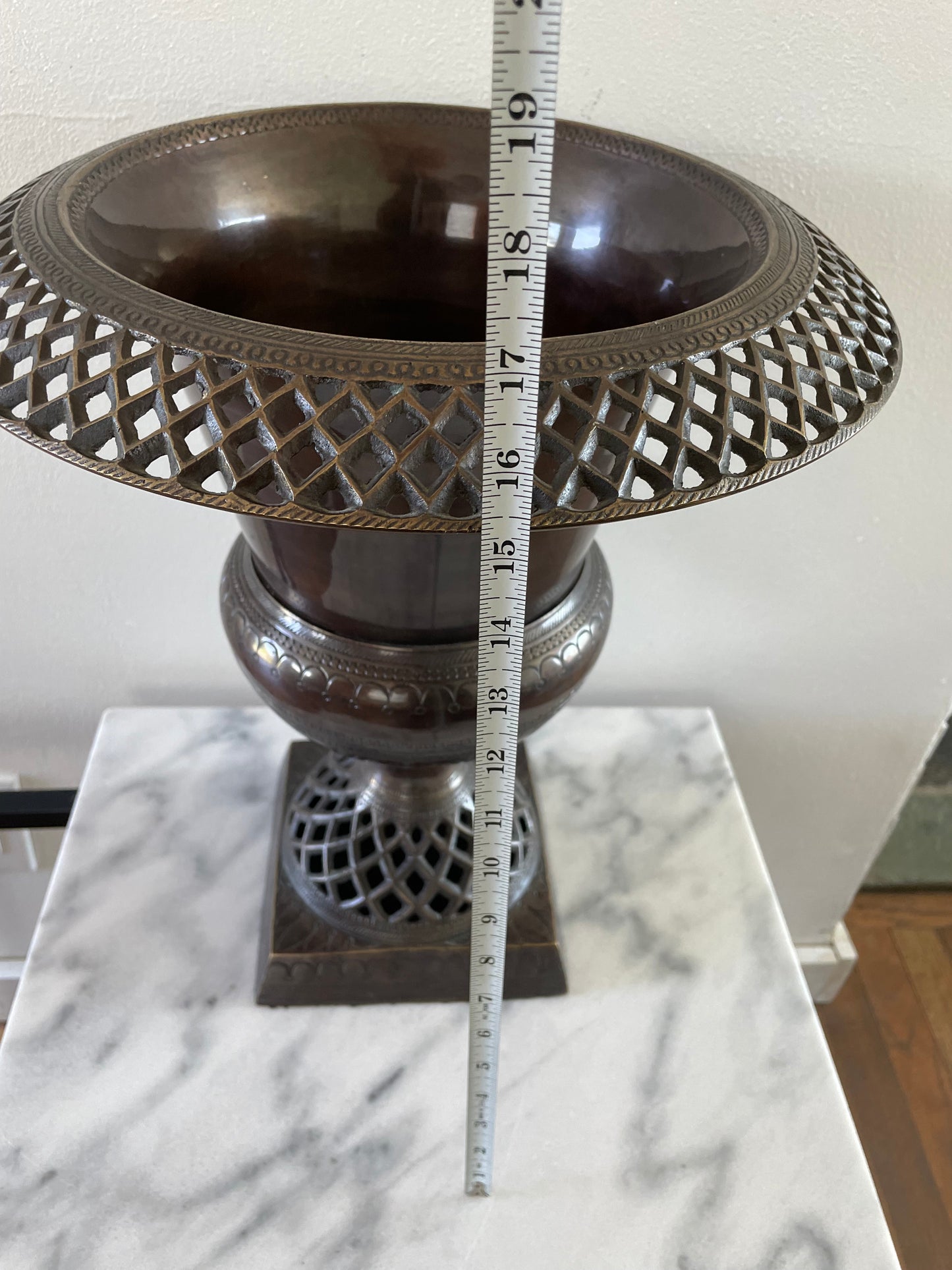 Large Late 20th Century Solid Brads Urn Vase With Pierced Detailing