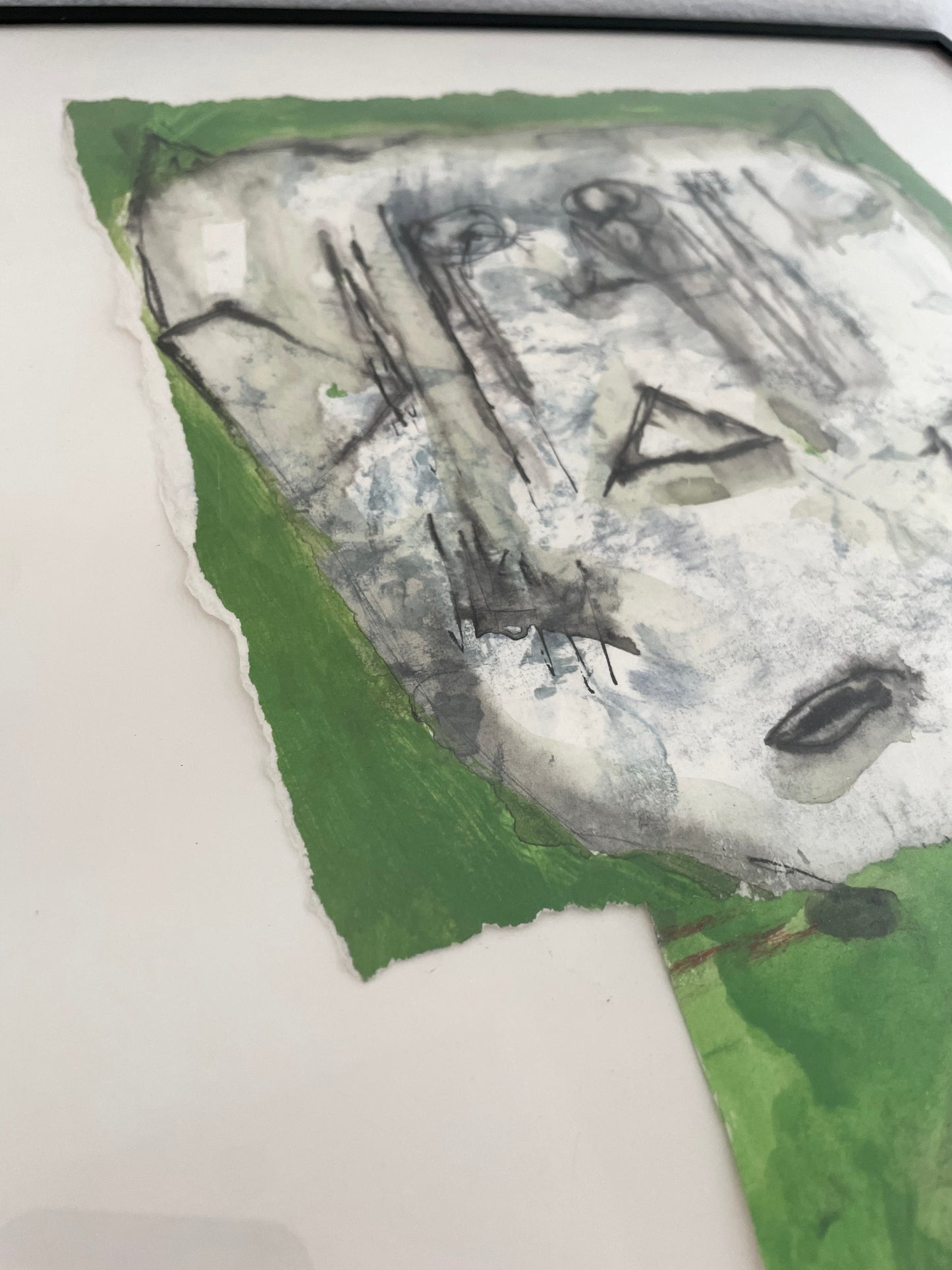 Abstract Green Cat Painting Collage on Paper by Nenad Babic From Florence, Italy