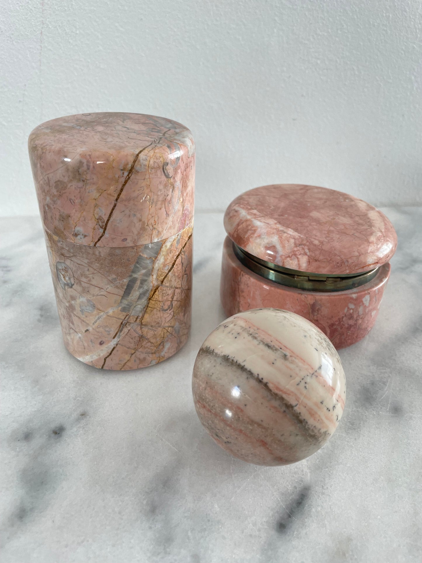 Mid 20th Century Vintage Pink Marble Jewelry Box Cylinder and Sphere Decor - Set of 3