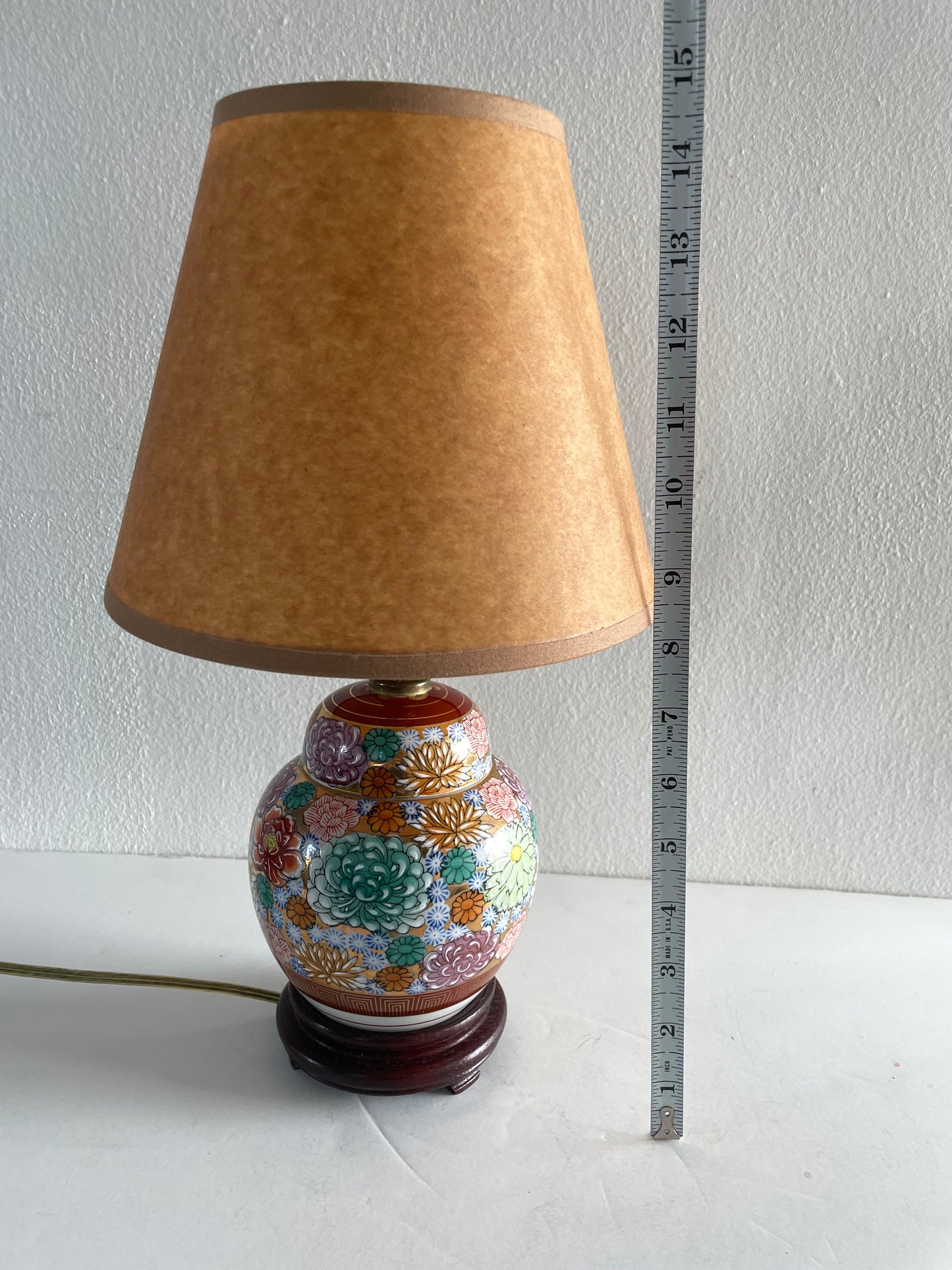 Mid-Century Chinoiserie Petite Floral Ceramic Ginger Jar Table Lamp With Shade