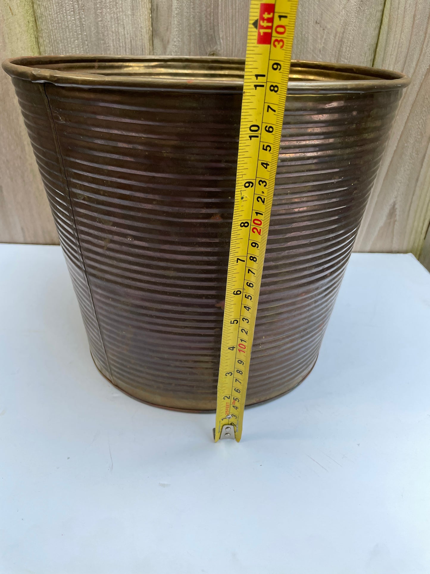 Mid 20th Century Patinated Ribbed Brass Wastebasket