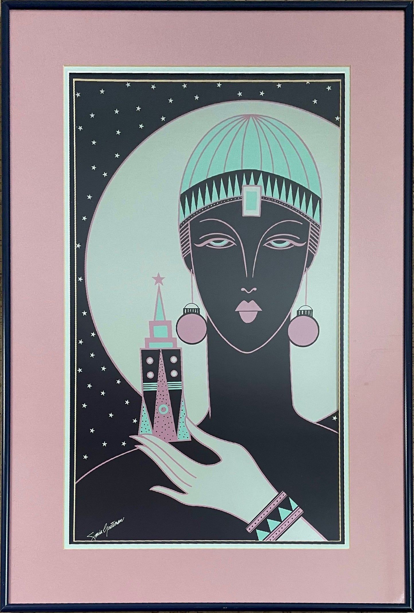 Postmodern Signed Lithograph Adorned Woman Moonlit City