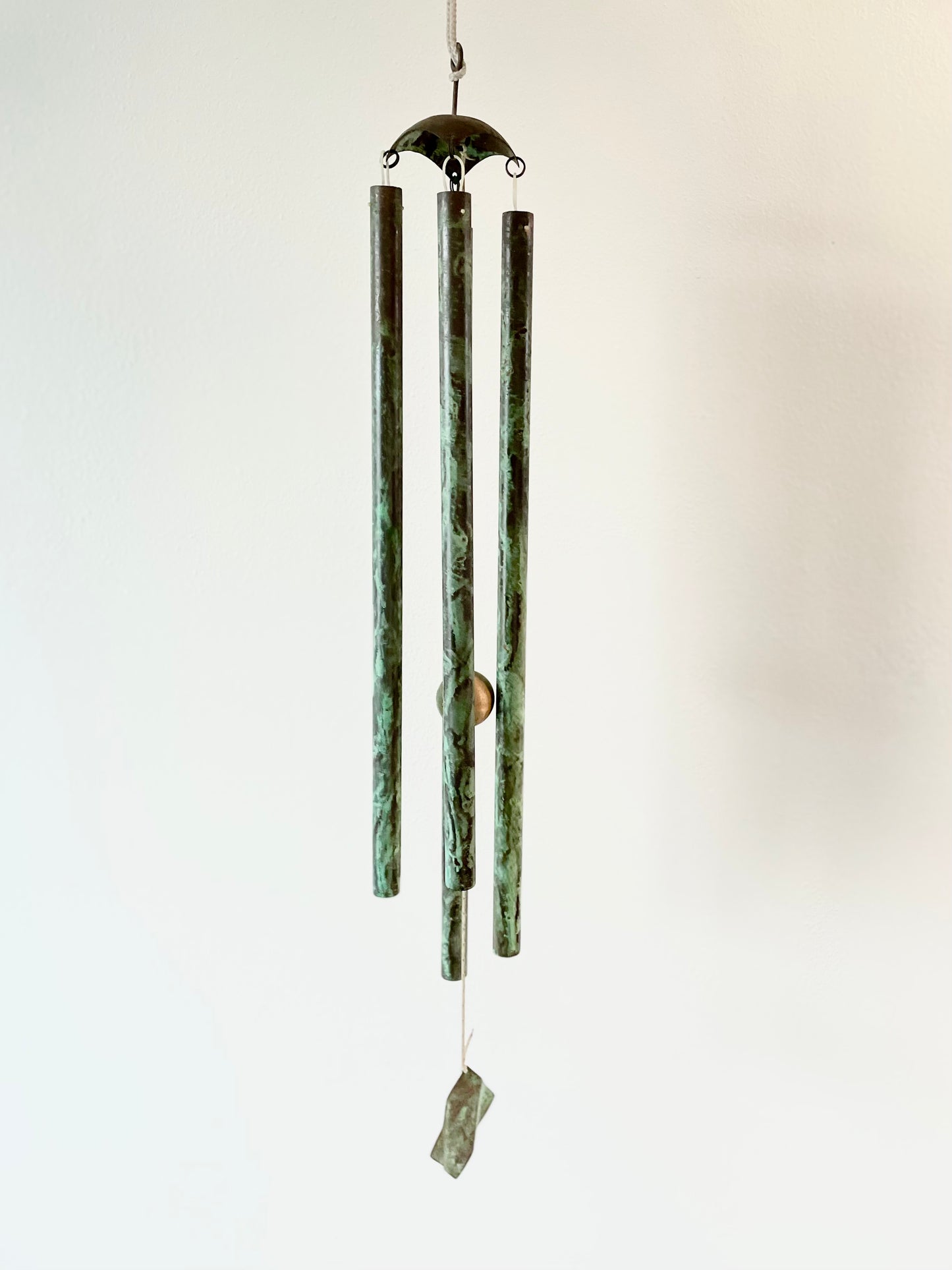 Mid-Century Modern Walter Lamb Style Verdigris Copper and Wood Wind Chime