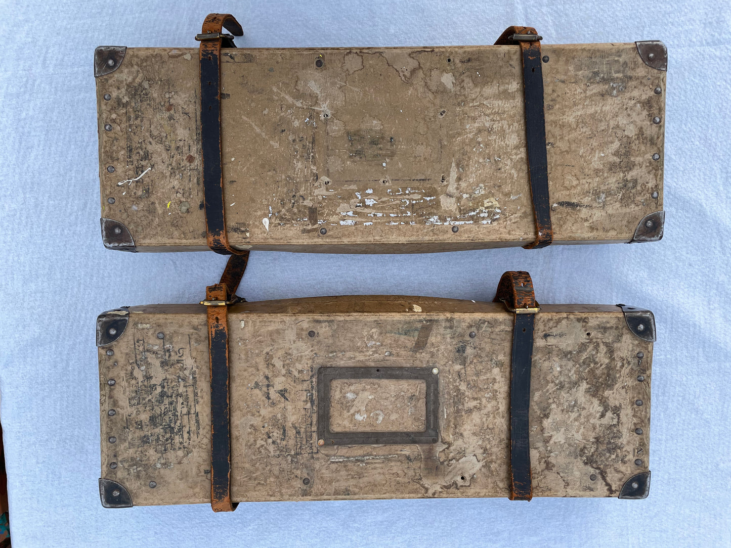 Mid 20th Century Vintage Industrial Fiberboard Leather Strapped and Metal Buckled Boxes